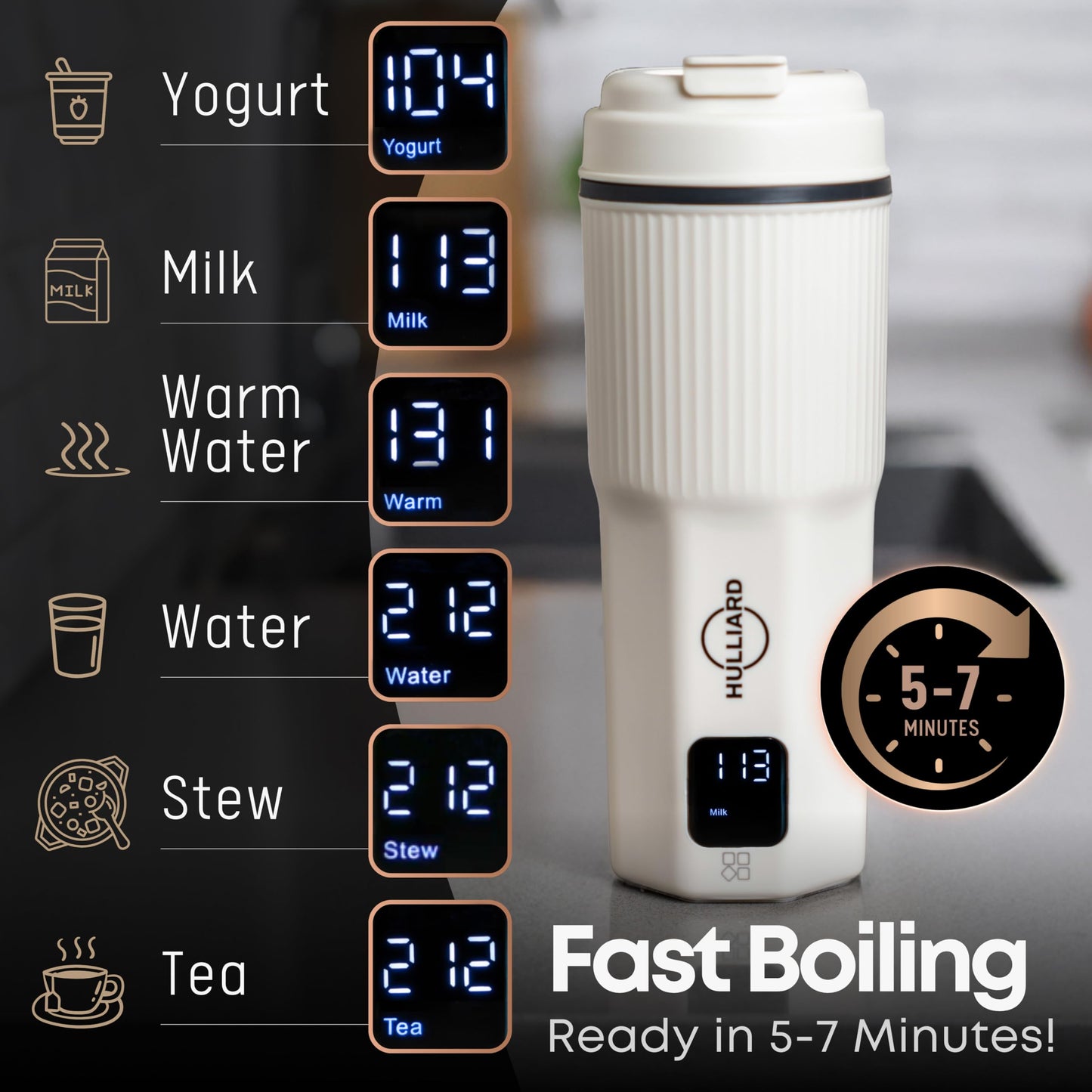 HULLIARD Travel Electric Kettle - 316 Stainless Steel, Portable Tea Kettle & Water Heater, 450ml Portable Water Boiler, 6 Temperature Settings, Auto Shut-Off, Universal Voltage (100-240V)