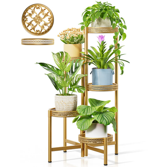 NQW Gold Plant Stand Indoor Outdoor, Corner Metal Flower Pot Stands for Multiple Plants, 5 Tier Heavy Duty Plant Shelf for Patio Garden Balcony Living Room Bedroom - GoldWave