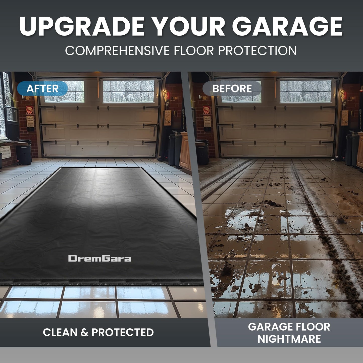 DremGara 7'9" x 16' Heavy-Duty Garage Floor Mat - 610GSM Commercial-Grade PVC Car Snow Mat with 1.2" Raised Edges to Trap Water & Mud, Waterproof Garage Containment Mat for SUVs, Non-Slip