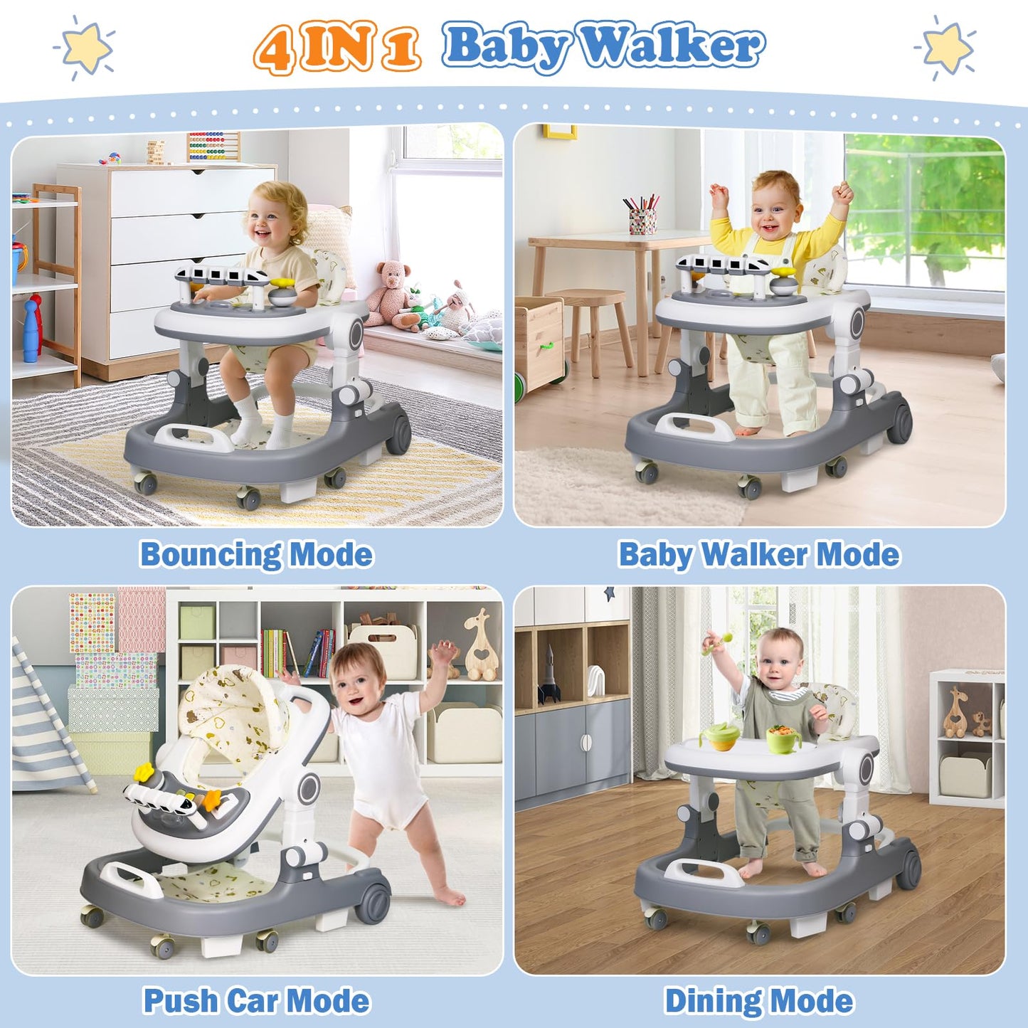 Baby Walker with Wheels, 4 in 1 Foldable Baby Walkers for Boys Girls 6-18 Months, 3 Level Height Adjustment with Bouncing, Feeding Tray & Music, Baby Walker with Activity Center, Toddler Push Walker