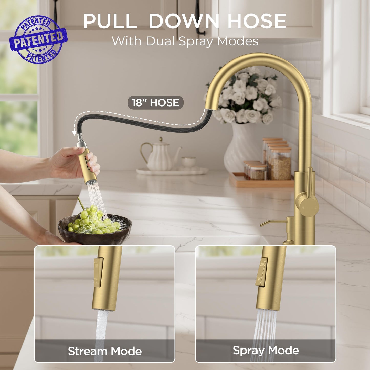 FORIOUS Kitchen Faucet with Soap Dispenser, Modern Brushed Gold, Single Handle High Arc Stainless Steel Kitchen Sink Faucet with Pull Down Sprayer, 1 or 3 Hole Deck Mount for RV, Laundry, Outdoor