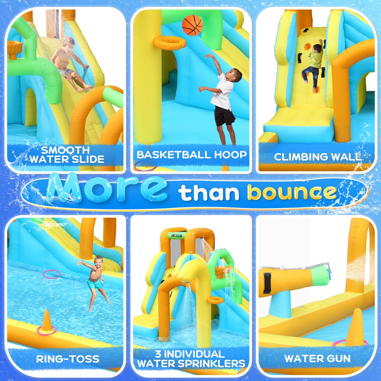 JOYMOR 10-in-1 Inflatable Water Slide Bounce House w/Water Bucket, Tunnel, Water Cannon, Basketball Hoop, 1min Blow Up Water Slide (Include Air Blower), Backyard Water Slide Park for Ages 3-10Y