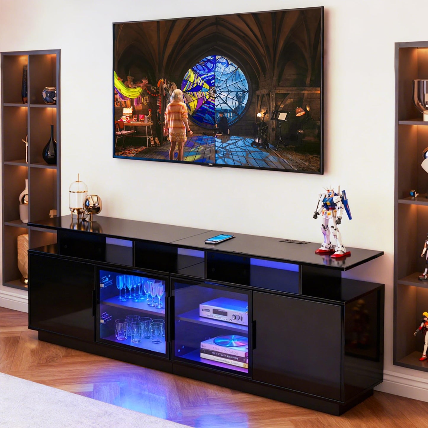 ansefe 70 Inch Black TV Stand with LED Lights, Power Strips, and USB Charging Station for Mobile Phones, Transparent Glass Door Storage Cabinet, Entertainment Center with Large Storage Space