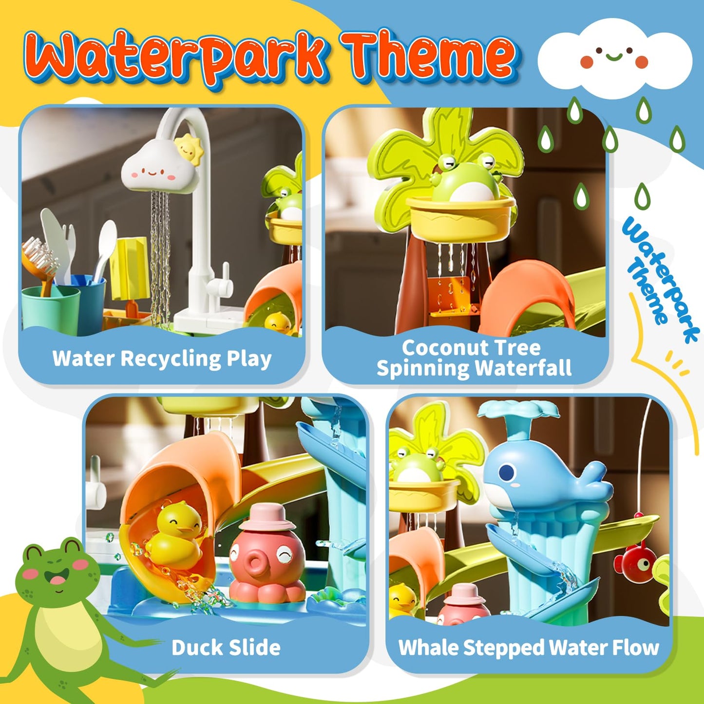 21" H Play Sink with Running Water, 4-in-1 Kids Kitchen Sink Toy with Electric Faucet, Mini Water Table with Detachable Legs, Fishing Game, Pretend Play Dishwasher Gift Set for Boys & Girls(Blue)