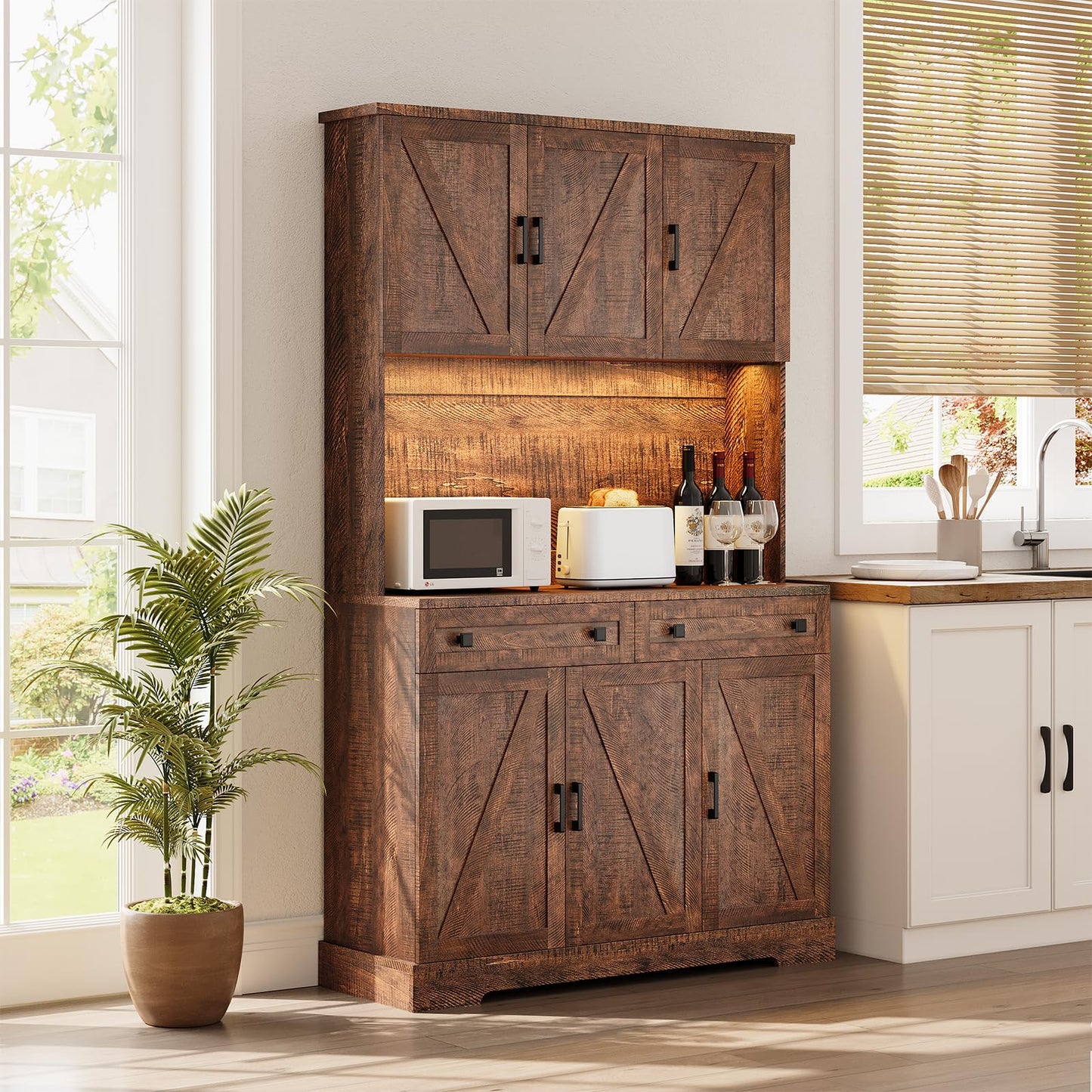 ELYKEN 71" Tall Ktchen Pantry Cabinet with Charging Station & LED Lights, Farmhouse Kitchen Hutch Cabinet with Large Countertop for Dining Room Living Room, Brown