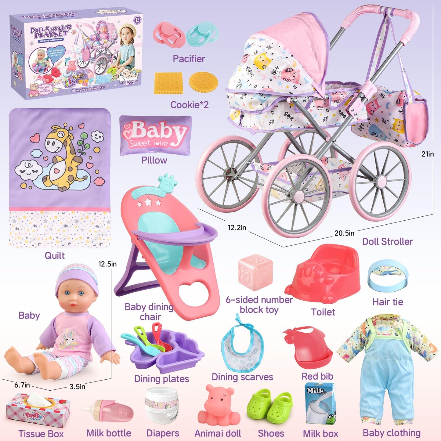 Baby Doll Stroller Playset for Girls Toddlers 3-5 4-6 5-7 Year Old to Play House Games. Stroller Toy with 12.5" Baby Doll, Dining Chair, Quilt Pillow, 24 PCS Doll Accessories and 2 Sets Clothes.