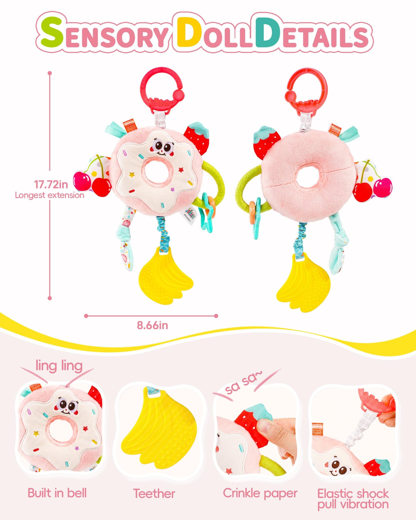 Jollybaby Baby Pull Vibration Toy - Tummy Time Sensory Hanging Toys for Car Seat, Stroller, Crib & Play Gym, with Babies Rattles & Teether, Airplane Travel Toys for Toddlers Gift - Donut