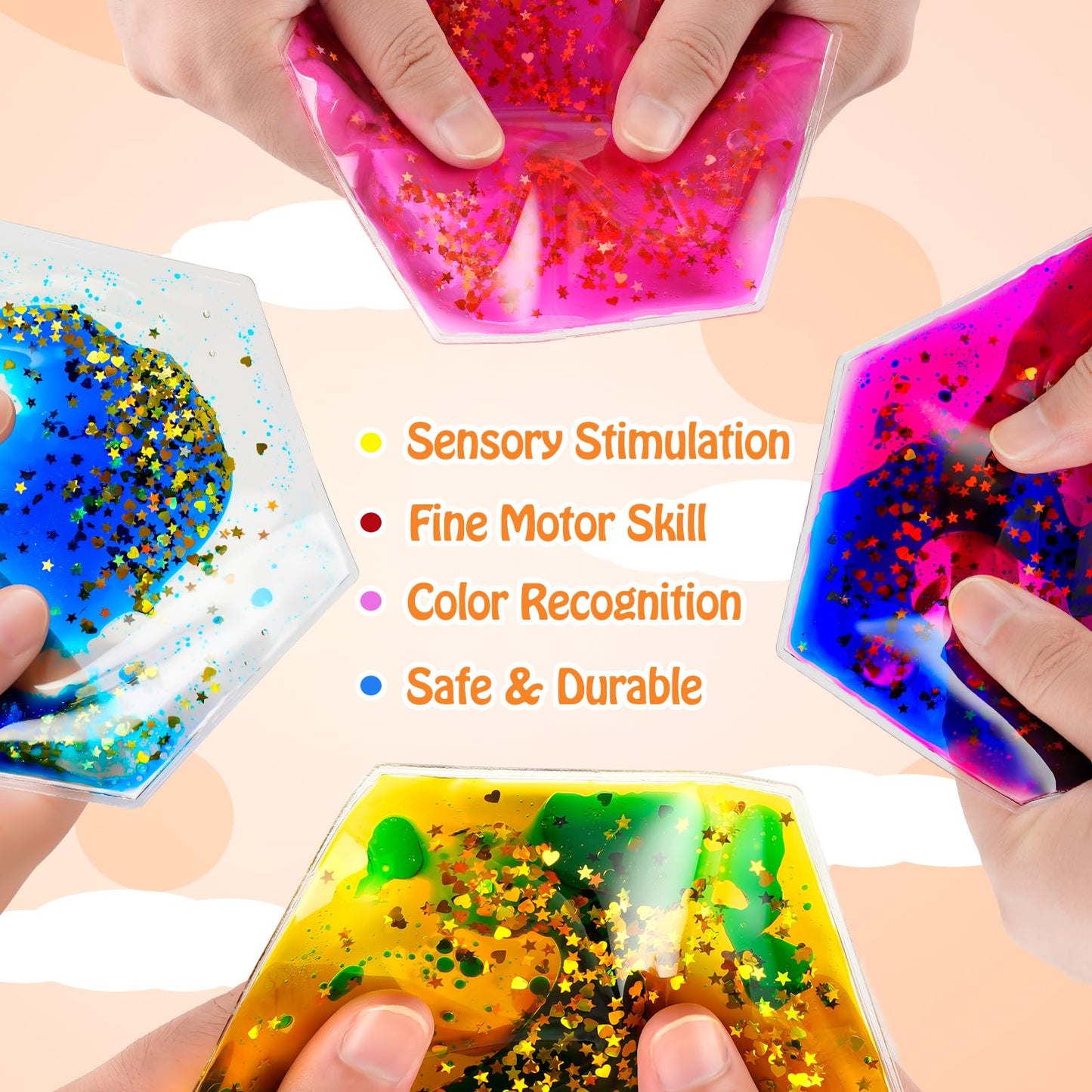 Onyoloy Sensory Soft Gel Liquid Toys - Hexagon Sensory Motion Fidget for Autism Kids, Stress Relief & Focus, Home School Therapy Travel Toys (6 Pack)