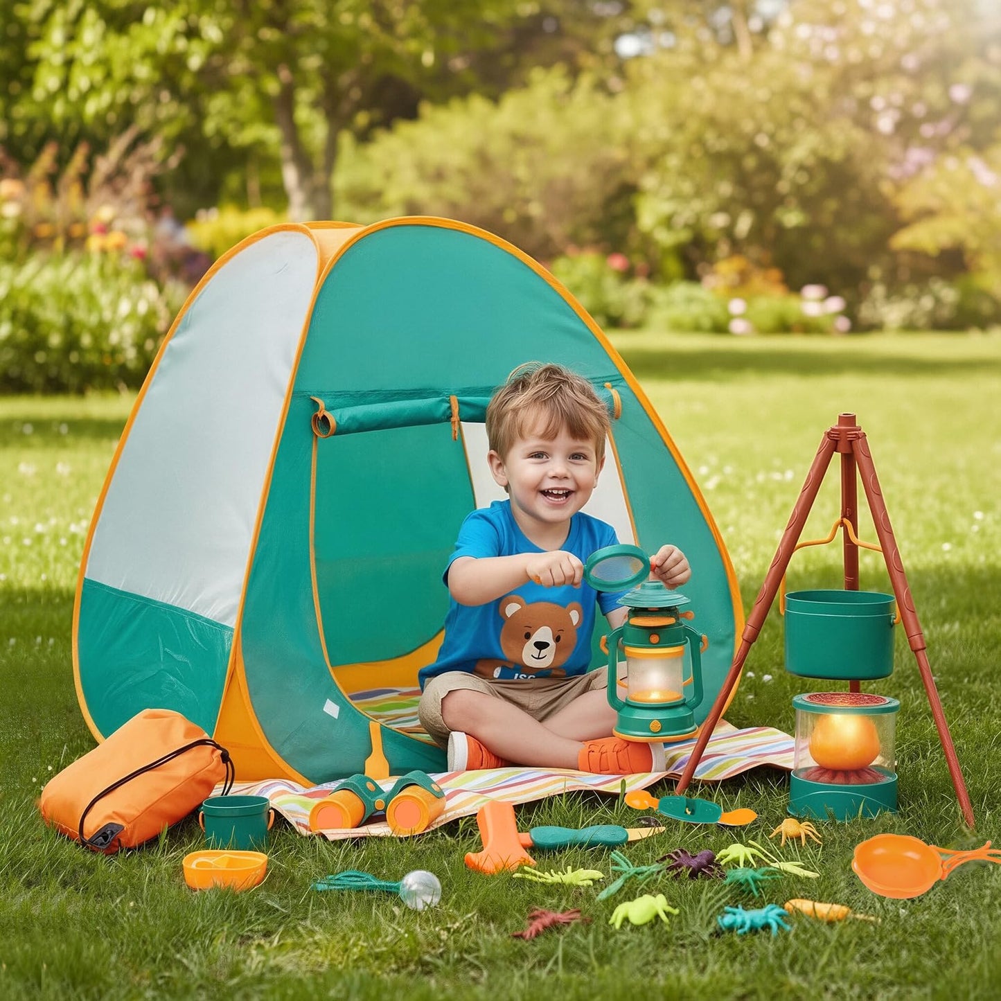 Meland Kids Camping Set with Tent - Toddler Toys for Boys with Campfire, Camping Toys for Kids Indoor Outdoor Pretend Play, Gift Idea for Boys Age 3,4,5,6 Year Old Birthday Christmas (Green)