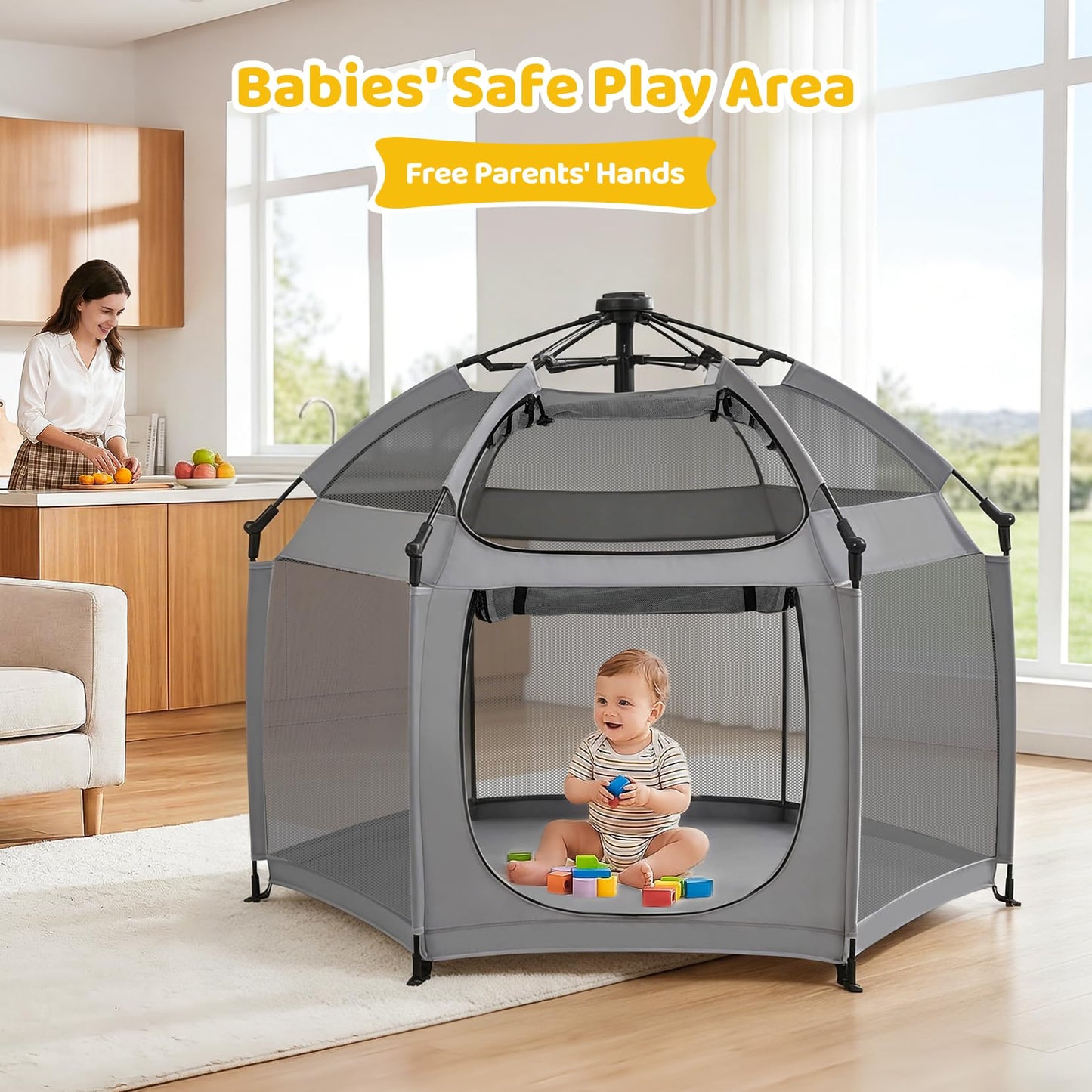 Dripex Pop Up Playpen for Babies and Toddlers with Built-in Pad & One-Click Safe Lock,Foldable Indoor/Outdoor Playpen with Roll-Up Door &Top Mesh Window, Portable Travel Play Pen &Baby Beach Tent,Grey