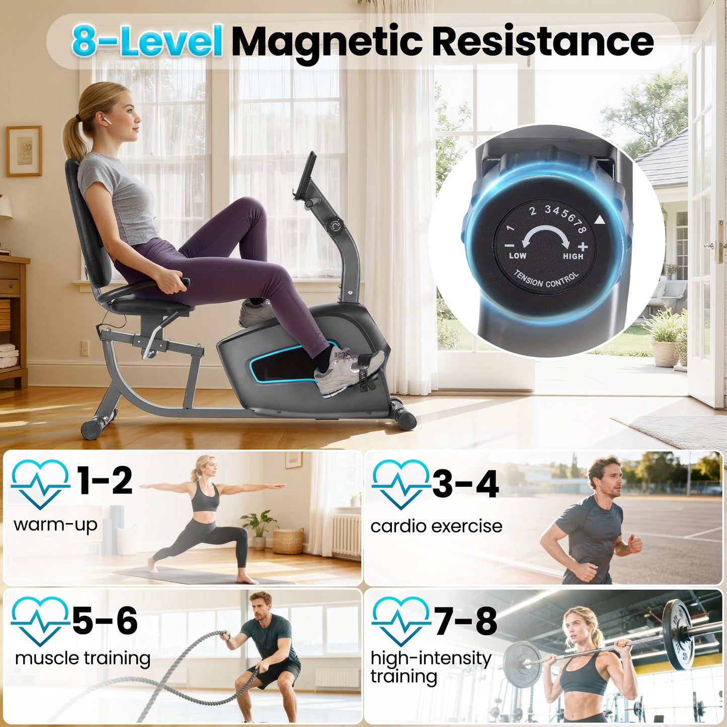 oCuZen Recumbent Exercise Bike for Home, Recumbent Stationary Bike for Adults & Seniors with 8-Level Magnetic Resistance, Adjustable Seat, Heart Rate Handle & LCD Display, 300LB Capacity
