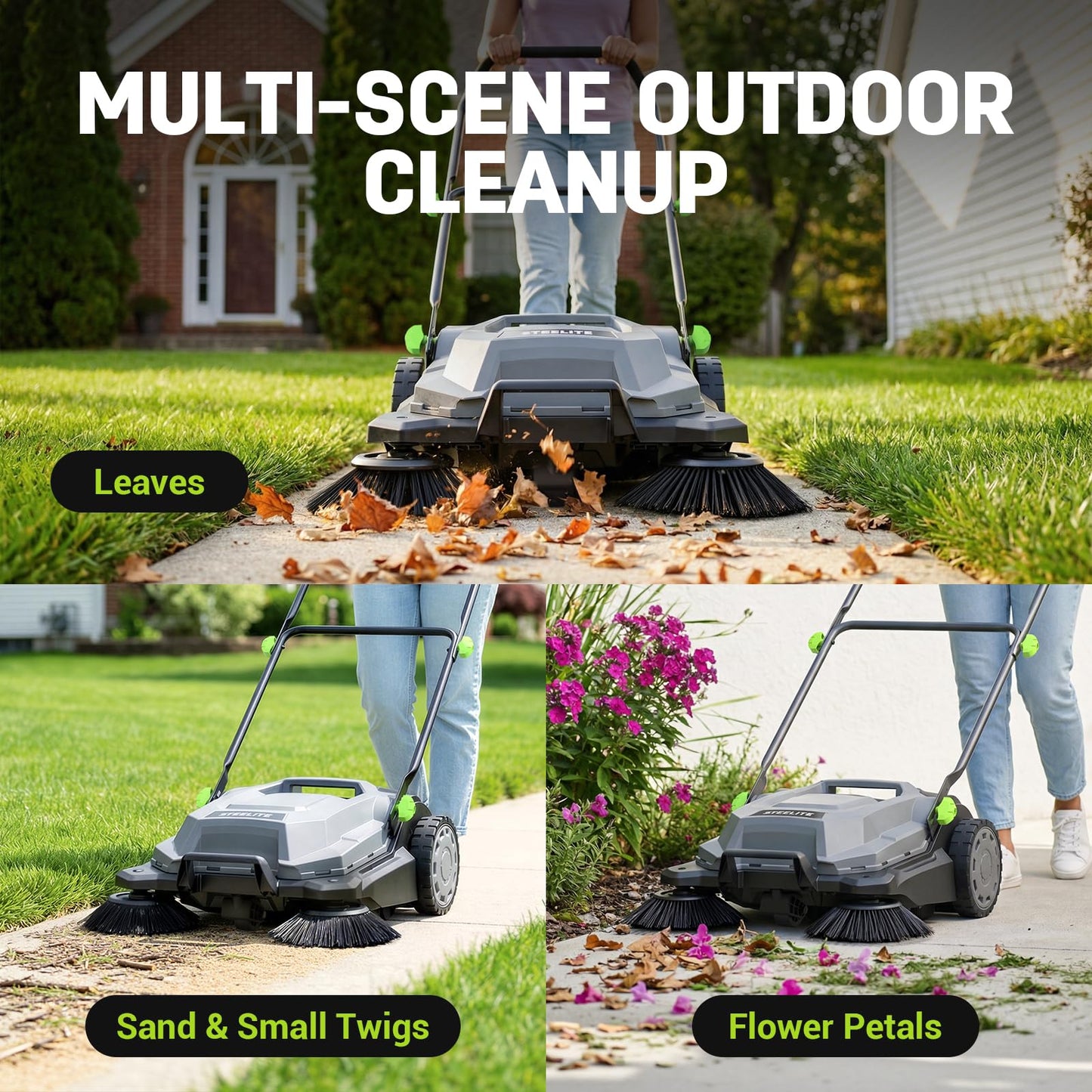 STEELITE Walk-Behind Hand Push Floor Sweeper, 26.8" Sweeping Width Floor Sweeper Manual Non-Electric, 6.35 Gal Waste Container, Angle & Height Adjustable Folding Handle for Walkway, Yard and Patio