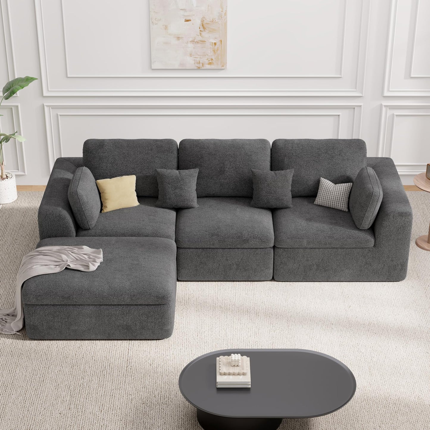 Luxanimarion 115" Cloud Boneless Sectional Couch, Deep Seat L Shaped Modular Couch with Ottoman, Oversized Upholstered Convertible 4 Seater Modular Sofa for Living Room,Black Chenille