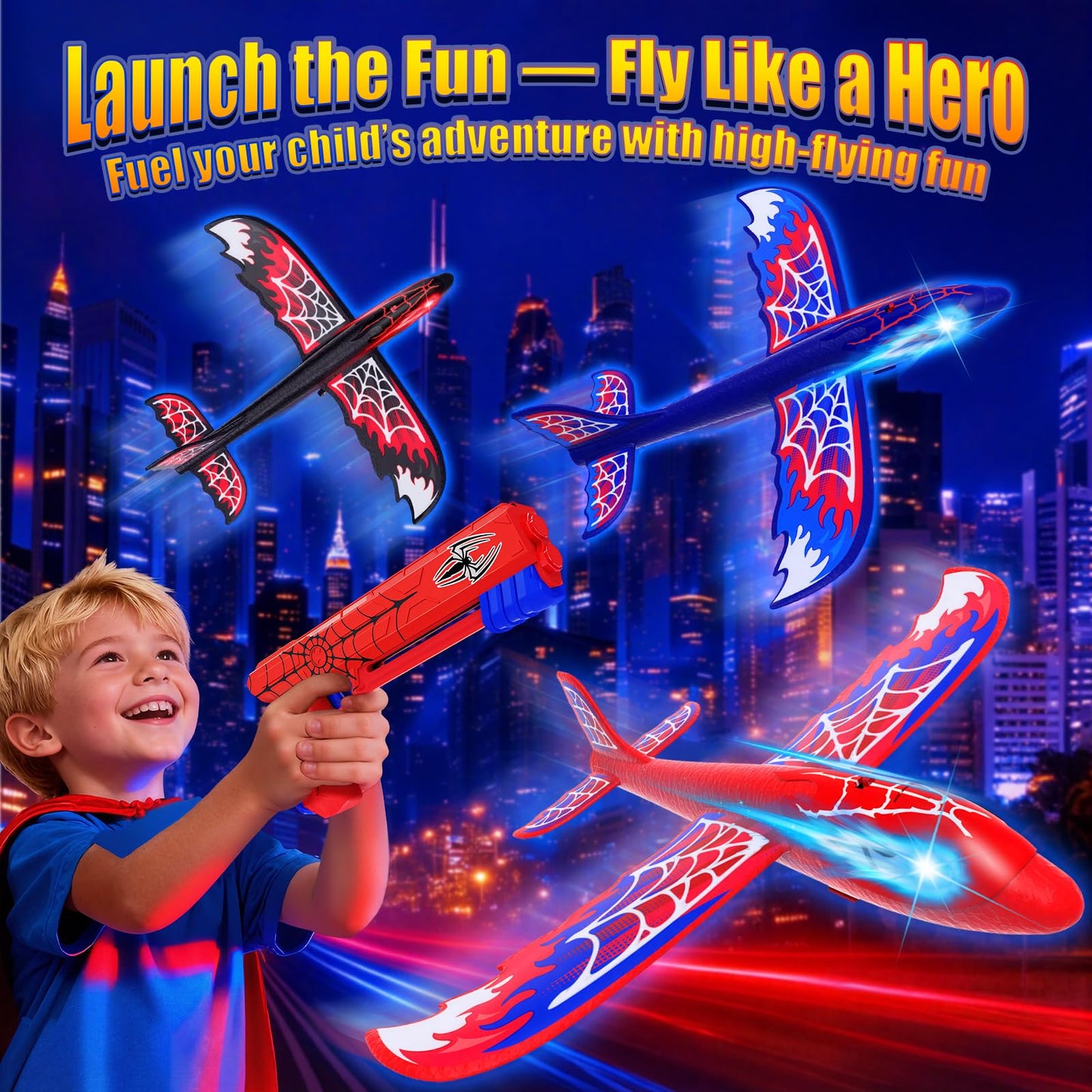 Cool Airplane Launcher Toy with Glowing Eyes & Web-Pattern Wings,2 Flight Modes Outdoor Games for Kids,Boys Toys Age 3-12,Birthday Gifts for 3 4 5 6 7 8 9 10 11 12 Year Old,Kids Gift(Red&Blue&Black)