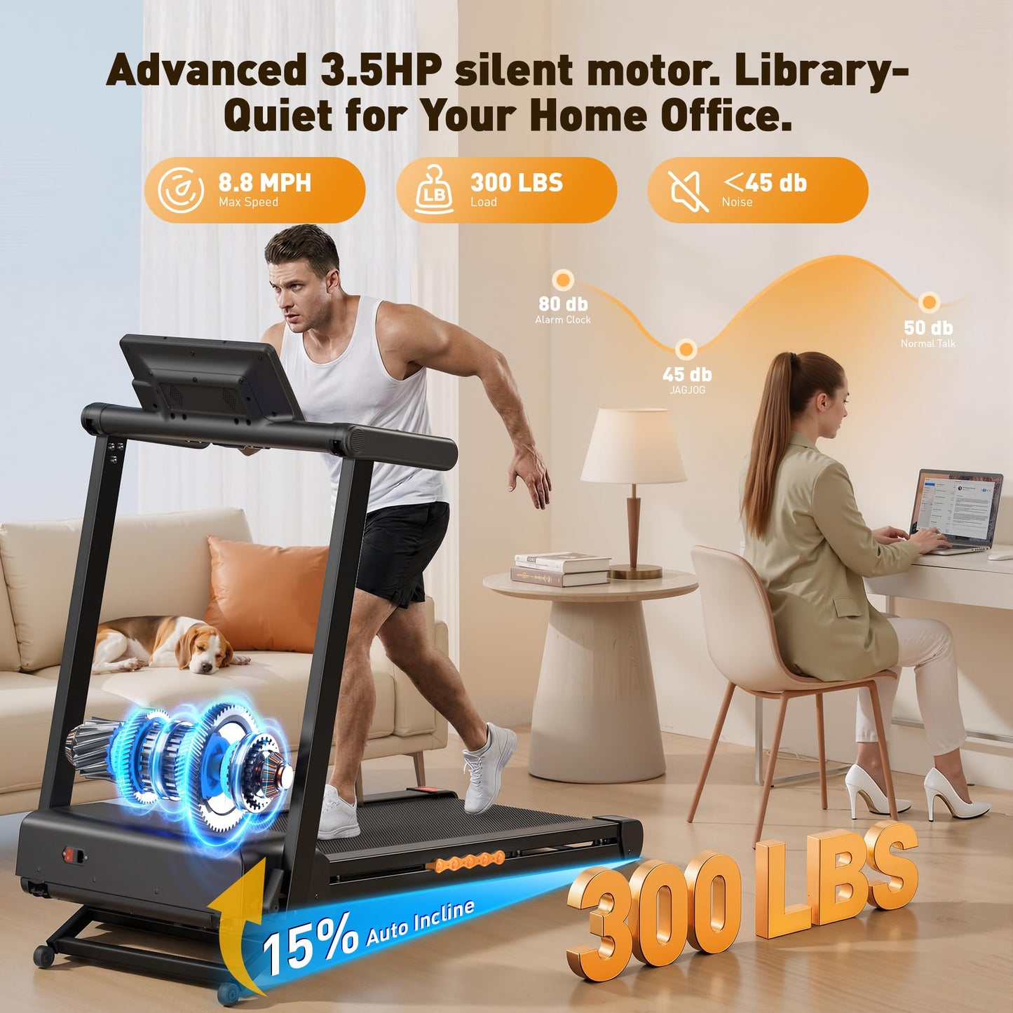 JAGJOG Treadmill for Home with Auto Incline, 3.5-4.5 HP Foldable Running Machine, 12 HIIT Programs,14"- 18" Wide LED Touchscreen, Smart App & Heart Rate, 300-400LBS Capacity, Fully Assembly