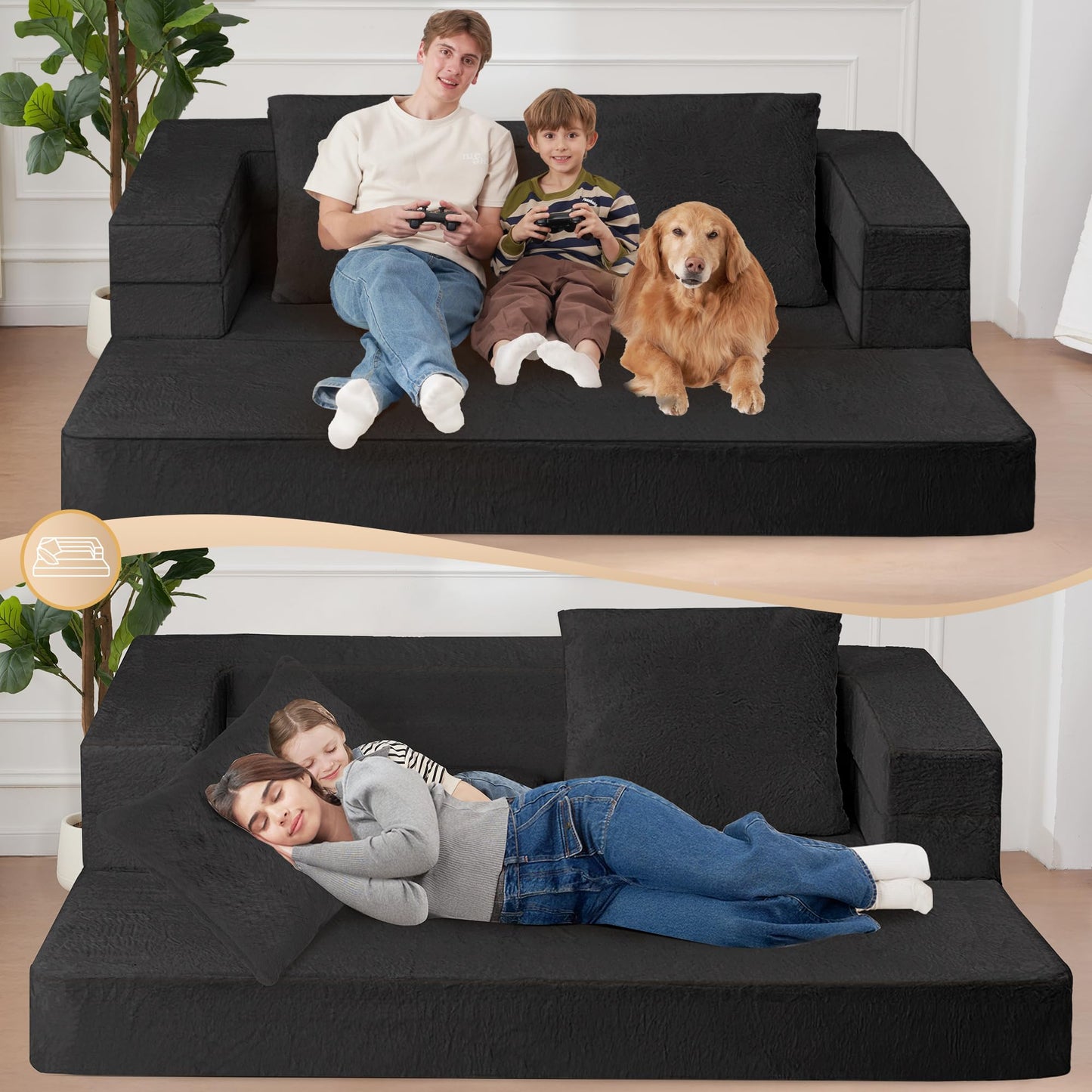 Cansunna Futon Sofa Bed with Pillow, 3-in-1 Sleeper Sofa Bed with Removable Cover, Convertible Floor Sofa Bed, No Assembly Boneless Couch for Living Room, Bedroom