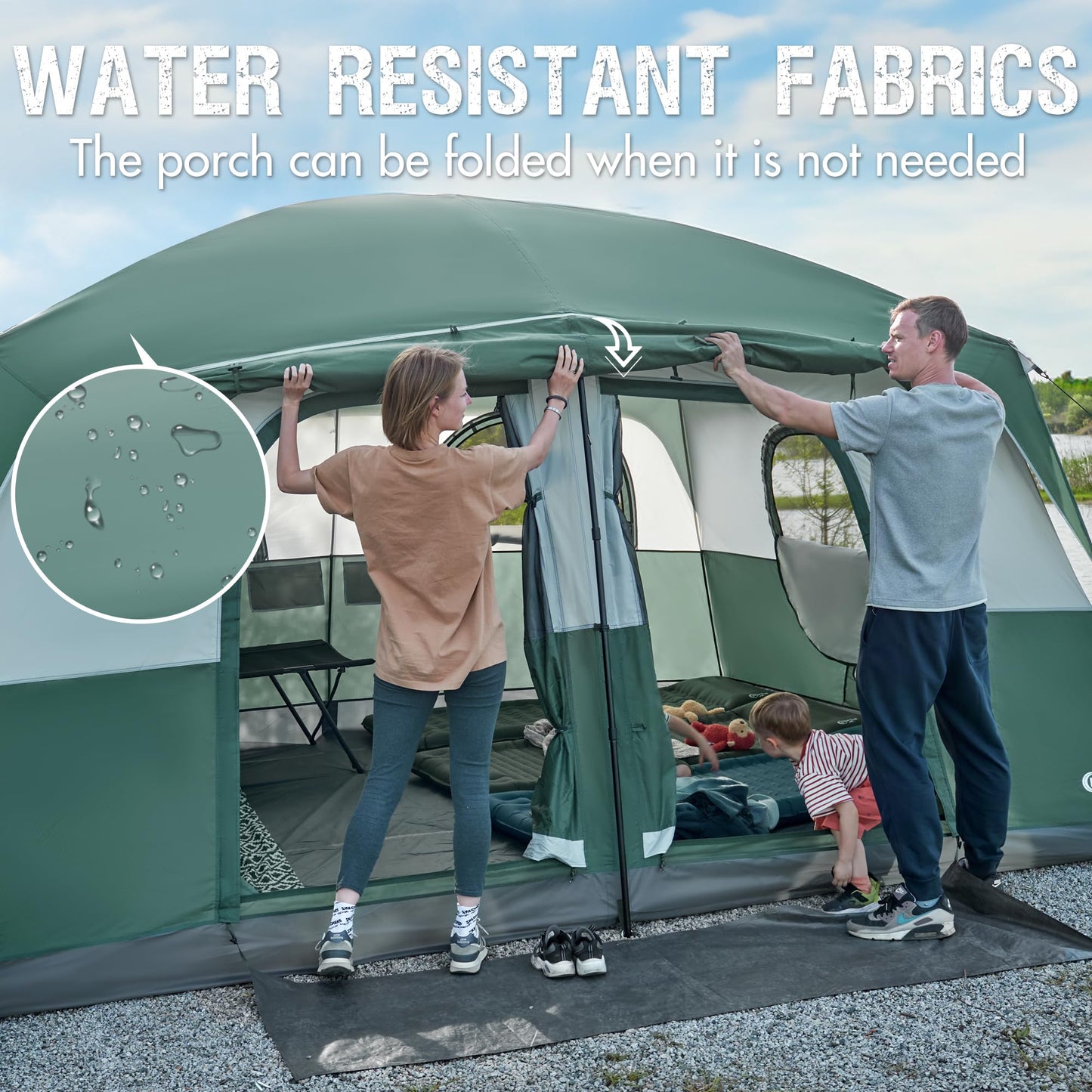 Portal 10 Person Camping Tent with Porch,Water Resistant,Big Family Cabin Tent with 2 Rooms, 6 Large Mesh Windows, Divided Curtain for Outdoor, Traveling, Camping