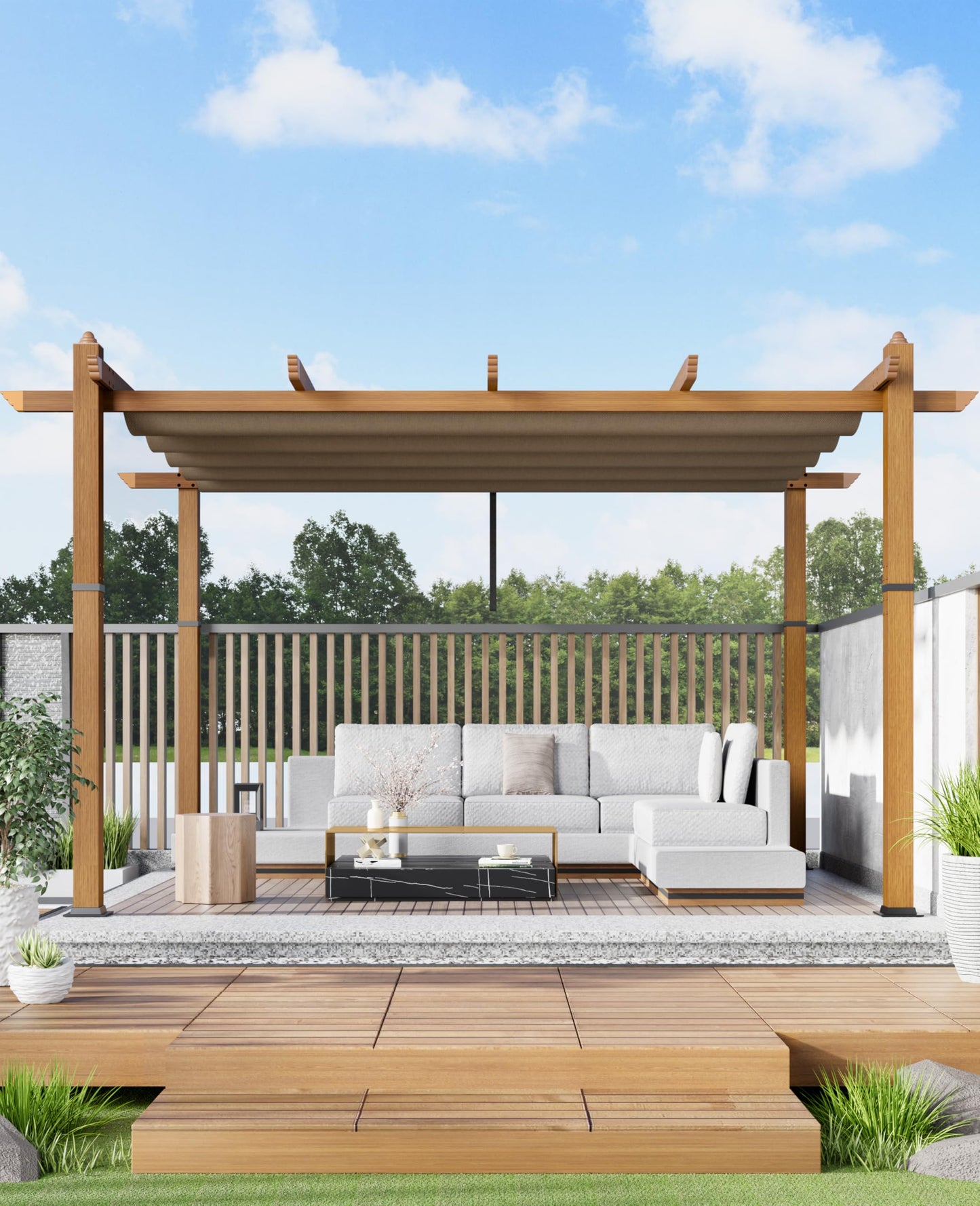 Garvee 10x13 ft Outdoor Pergola with Retractable Canopy – Upgraded Aluminum Faux Wood Grain Metal Patio Pergola for Modern Backyard Deck, Porch, Grape Trellis in Khaki