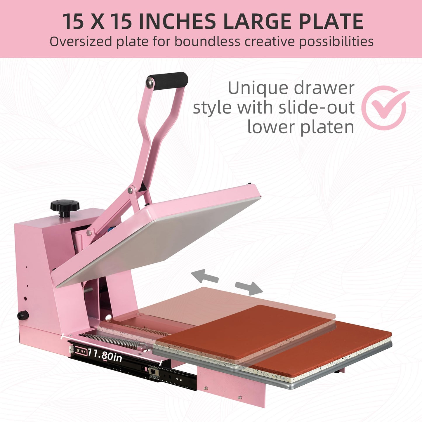 15x15 Inch Heat Press Machine with Slide-Out Drawer, Manual Clamshell Design, Digital Temp & Timer Control, Pink 1400W Heat Transfer Machine for T-Shirts, Vinyl, Fabric, DIY Projects & More