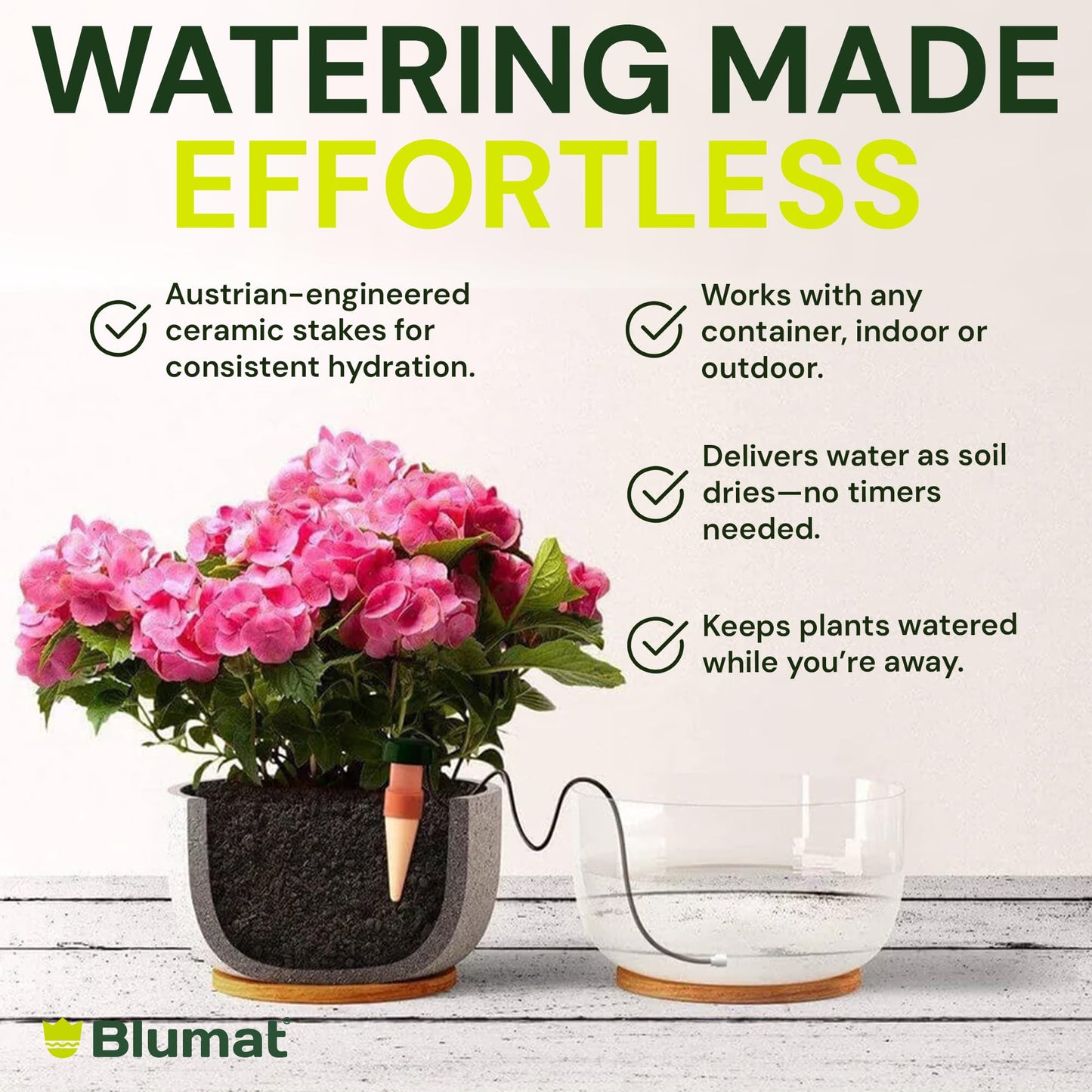 Blumat Classic Self-Watering Stakes - Automatic Drip Irrigation System for Indoor Plant Watering & Outdoor - Water Drip Solution for Potted Plants - Slow Release Stakes, 25 Pack, w Adapter