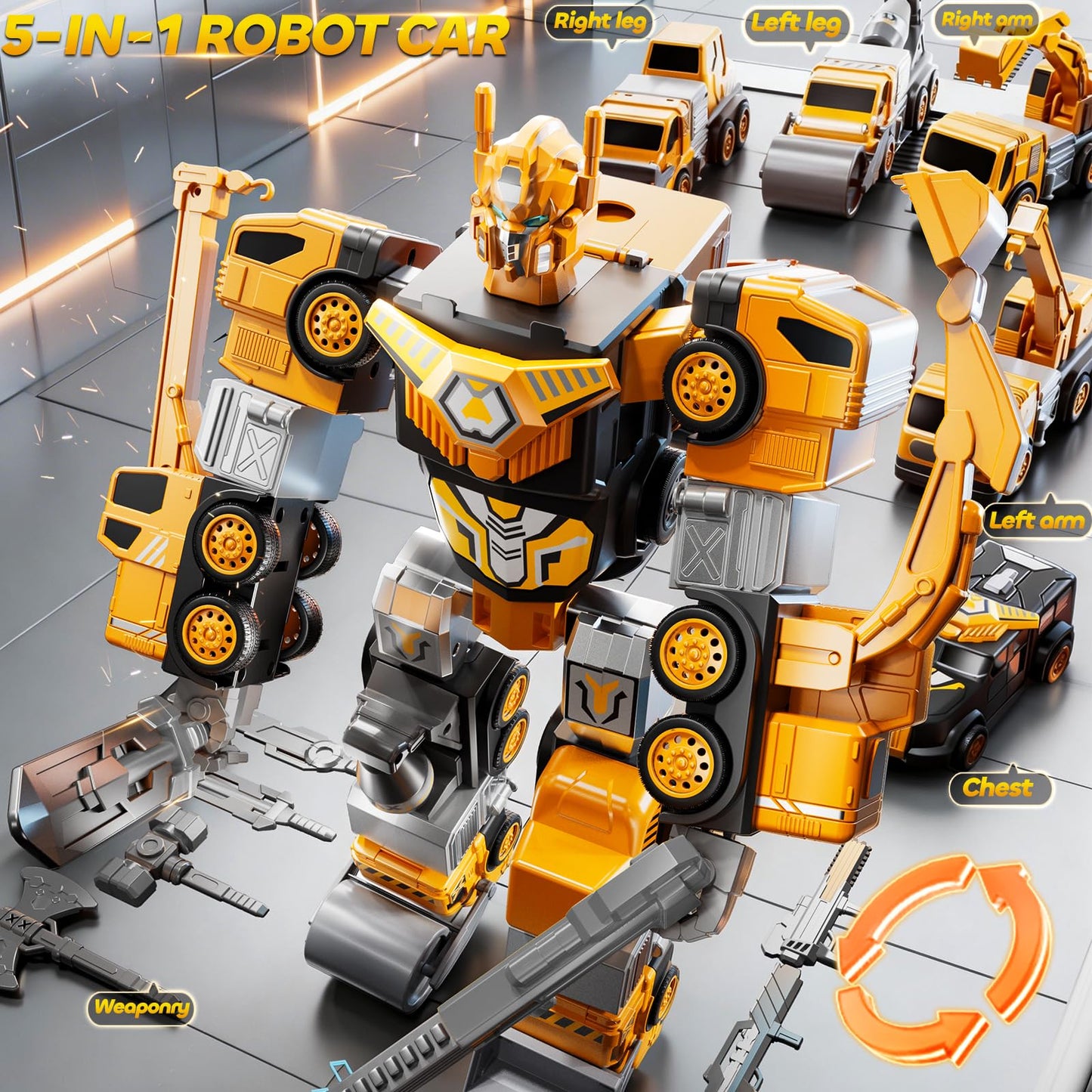 JUKUDAHU 5-in-1 Robot Toys Cars for Kids 3-5, Magnetism Transforming Robots, Detachable Construction DIY Assembling Vehicle Sets, Educational Toys for Boys Girls 3 4 5 6 7 8, Birthday Gifts(Yellow)