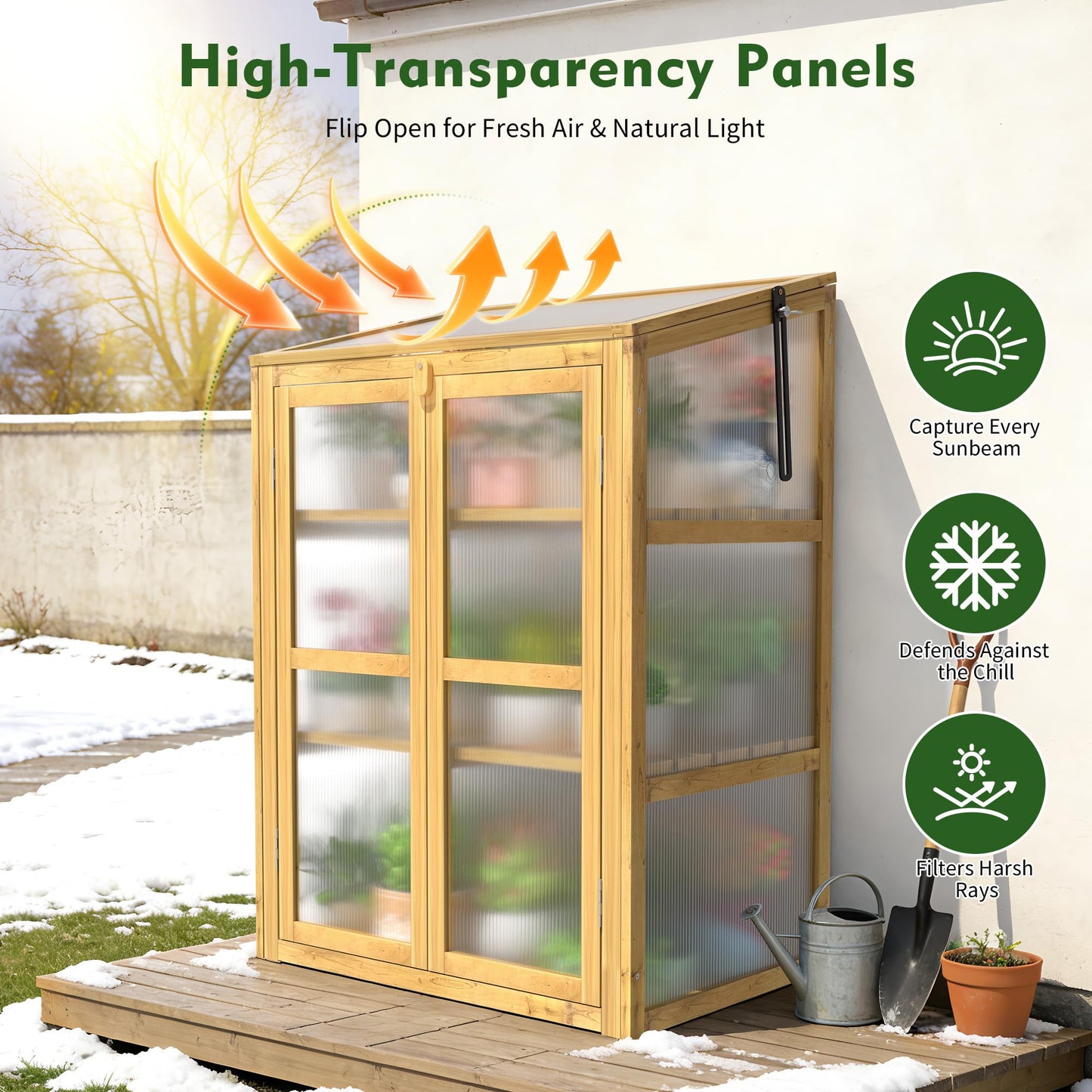 HOOYEAH Wooden Cold Frame Greenhouse, Small 3-Tier Greenhouse Cabinet with Adjustable Shelves & Flip-Top Ventilated Roof for Outdoor and Indoor Use