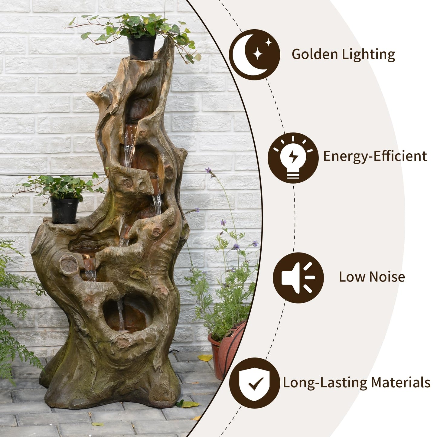 Sunlinua Water Fountain Outdoor 5-Tiers Large Cascading Realistic Tree Trunk Natural Waterfall Outdoor Fountain Resin Imitation Wood with LED Lights for Garden, Patio, Porch