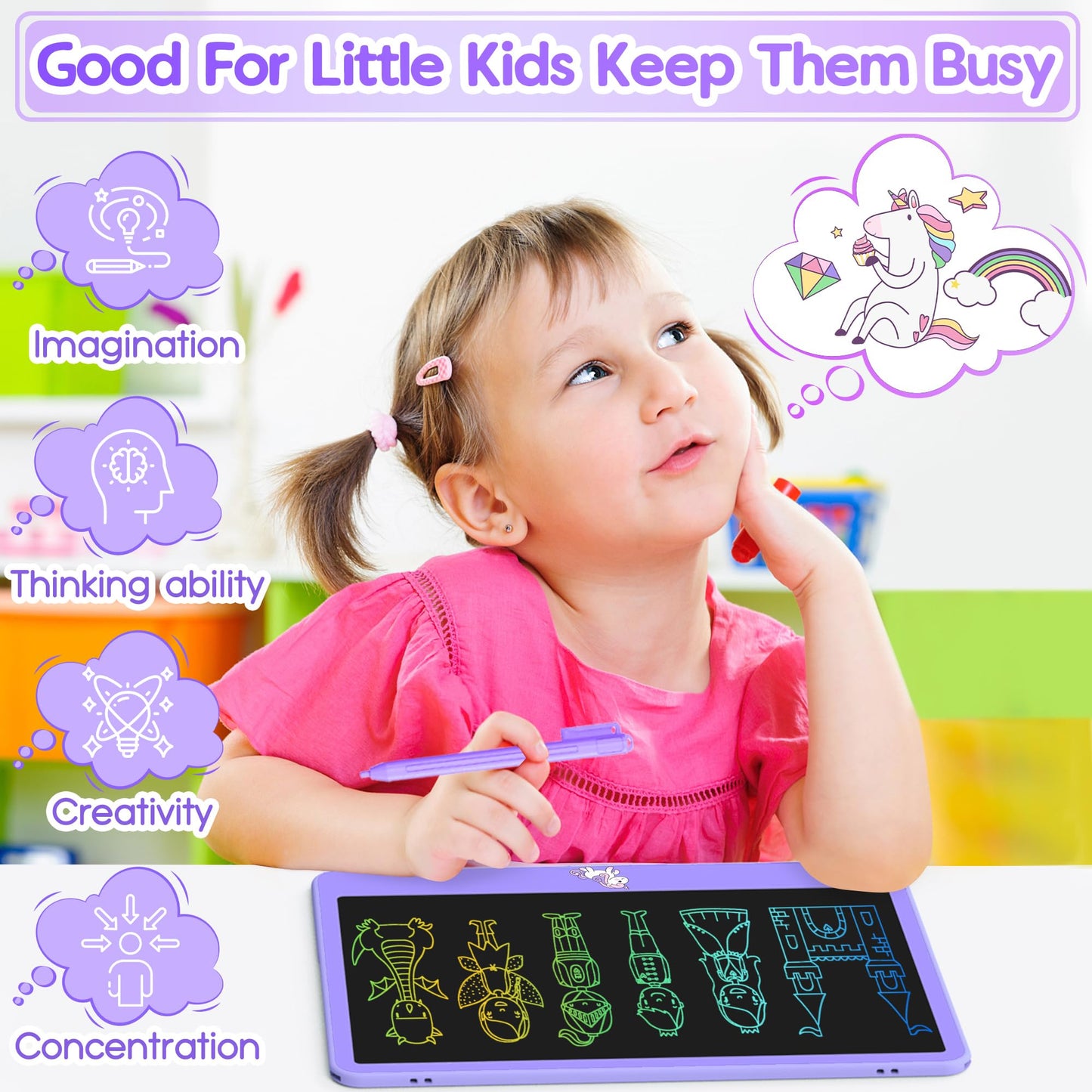 LCD Writing Tablet for Kids 12 Inch, Learning Toys Drawing Pad for Boys Girls, Erasable Doodle Board for Toddlers 3 4 5 6 7 8 Year Old Travel Essentials, Christmas Birthday for Kids - Purple