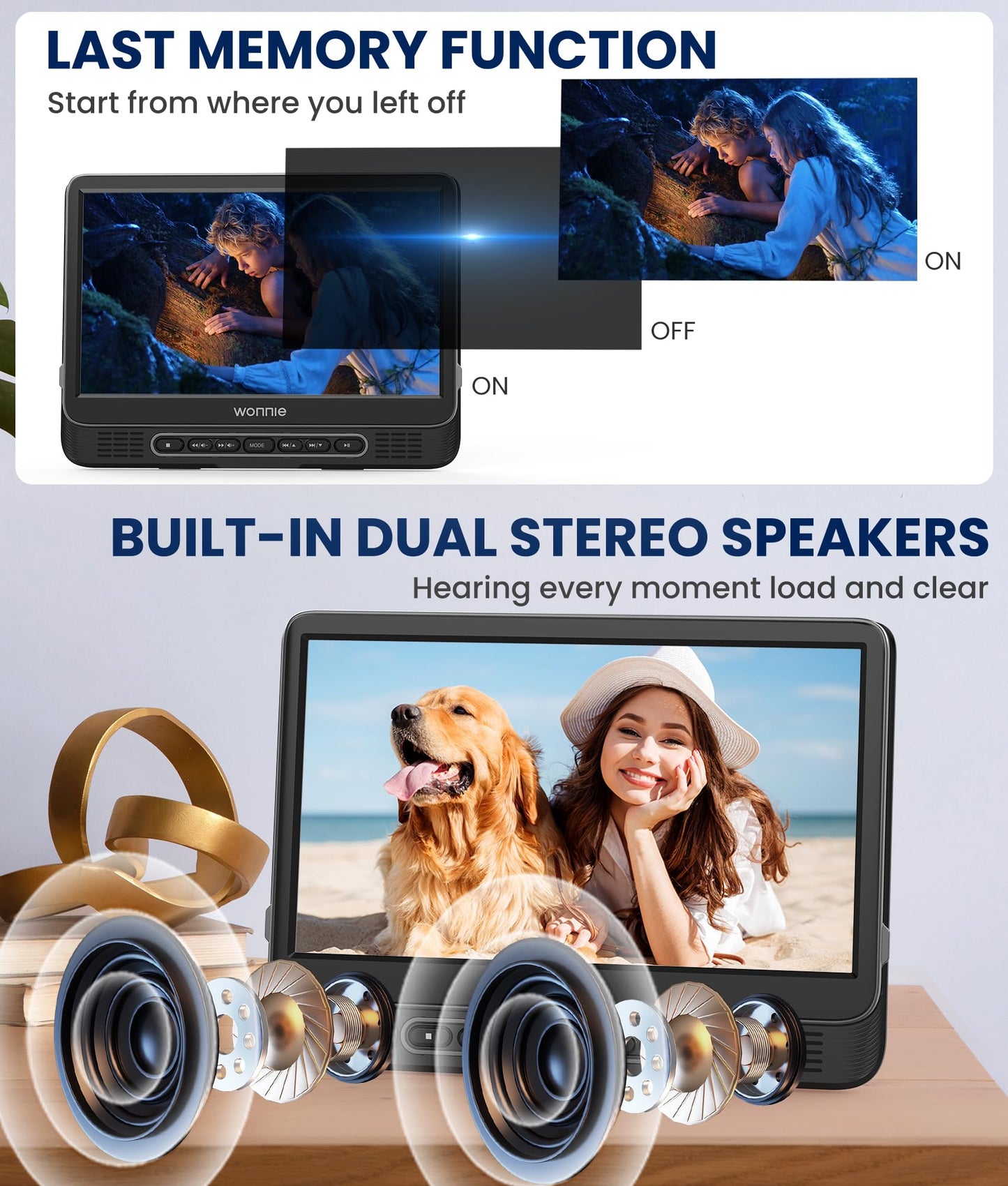 WONNIE 12" Dual Car DVD Players Portable DVD Players for Car Headrest Play a Same or Two Different Movies with 5-Hour Rechargeable Battery, Mounting Brackets, All Region, Support USB/Sync TV
