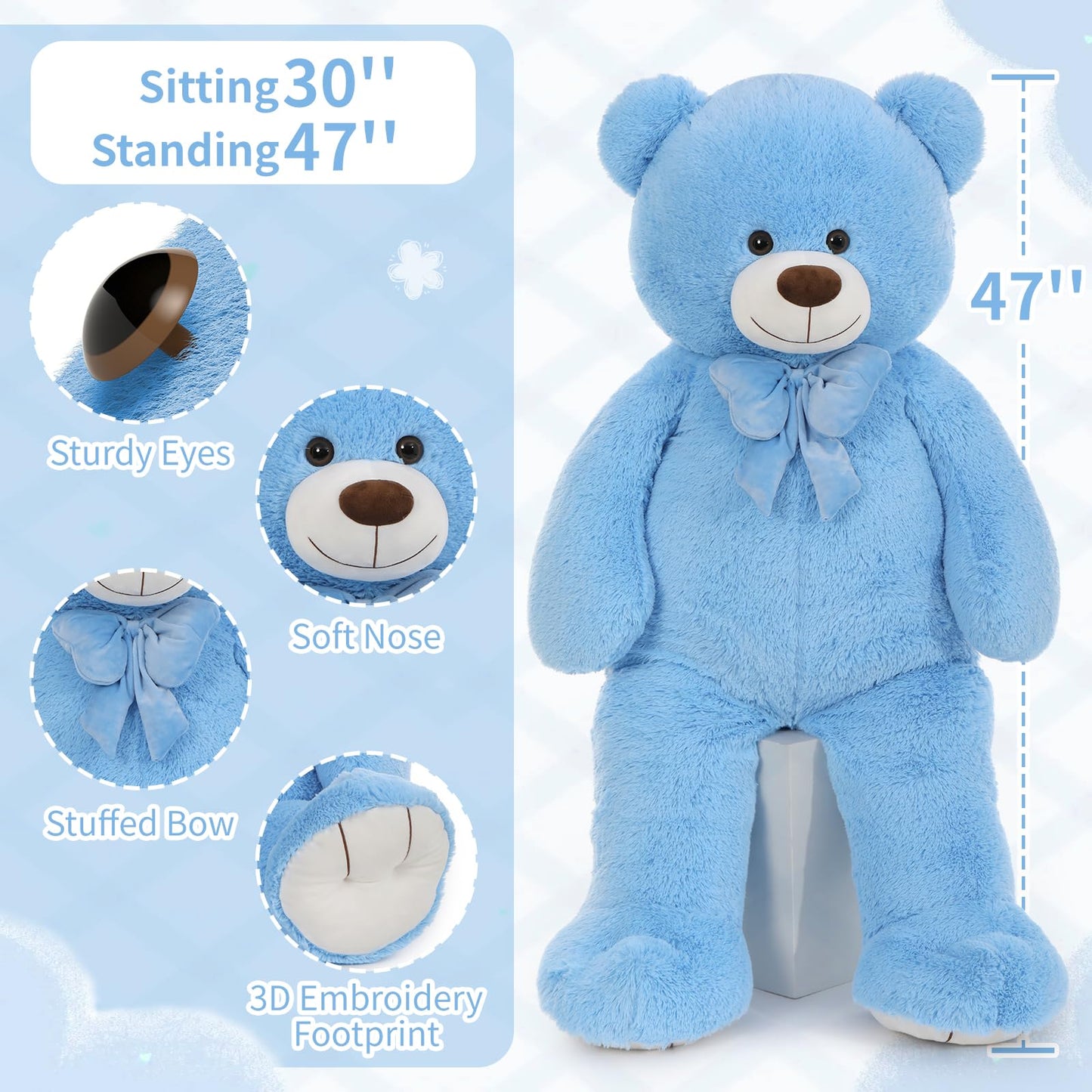 MaoGoLan Giant 47" Teddy Bear Stuffed Animal, Cuddly Large Blue Teddy Bear Plush Toy for Girlfriend Boyfriend Kids, 4ft Big Stuffed Animal for Valentines Day Gift Baby Shower Decor