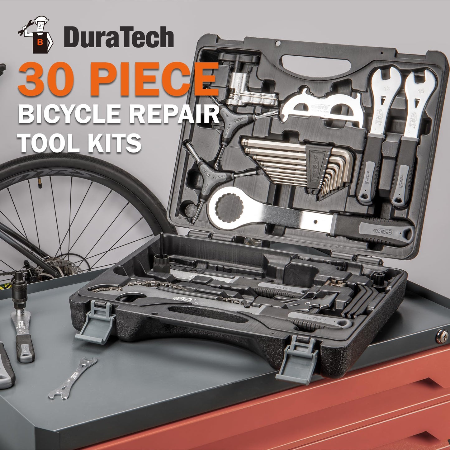 Super B 30 PCS Bicycle Tool Set - Bike Repair Kit with Carry Case - Bike Maintenance Tools for Road Bikes and Mountain Bikes, Repairing Tyres, Brakes, Chains, Pedal, Crank Puller(TBA3000)
