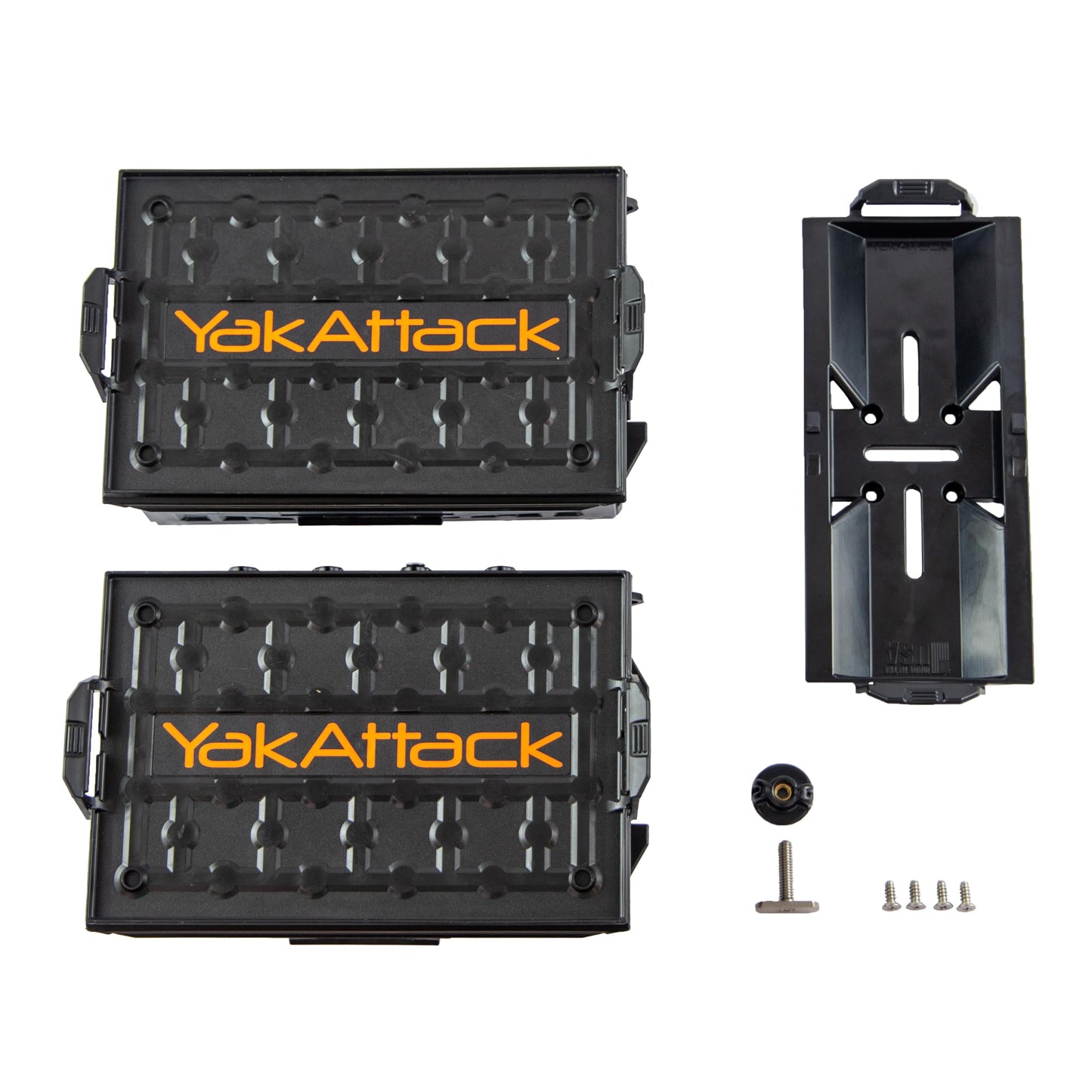 YakAttack TracPak Black Combo Kit – 2 Stackable Kayak Storage Boxes with Quick Release Track Mount Base | Kayak Crate System for Fishing Gear & Tackle Accessories | Compact Kayaking Storage Box