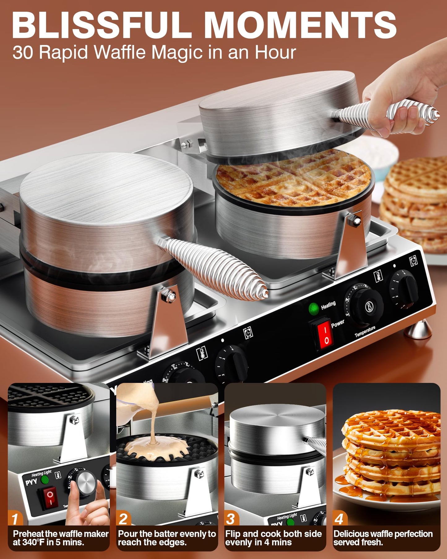 PYY Commercial Waffle Maker - Double Waffle Maker Large Stainless Steel Waffle Maker, Non-stick Electric Chaffle Maker for Restaurant Party Food Stall, 2500W