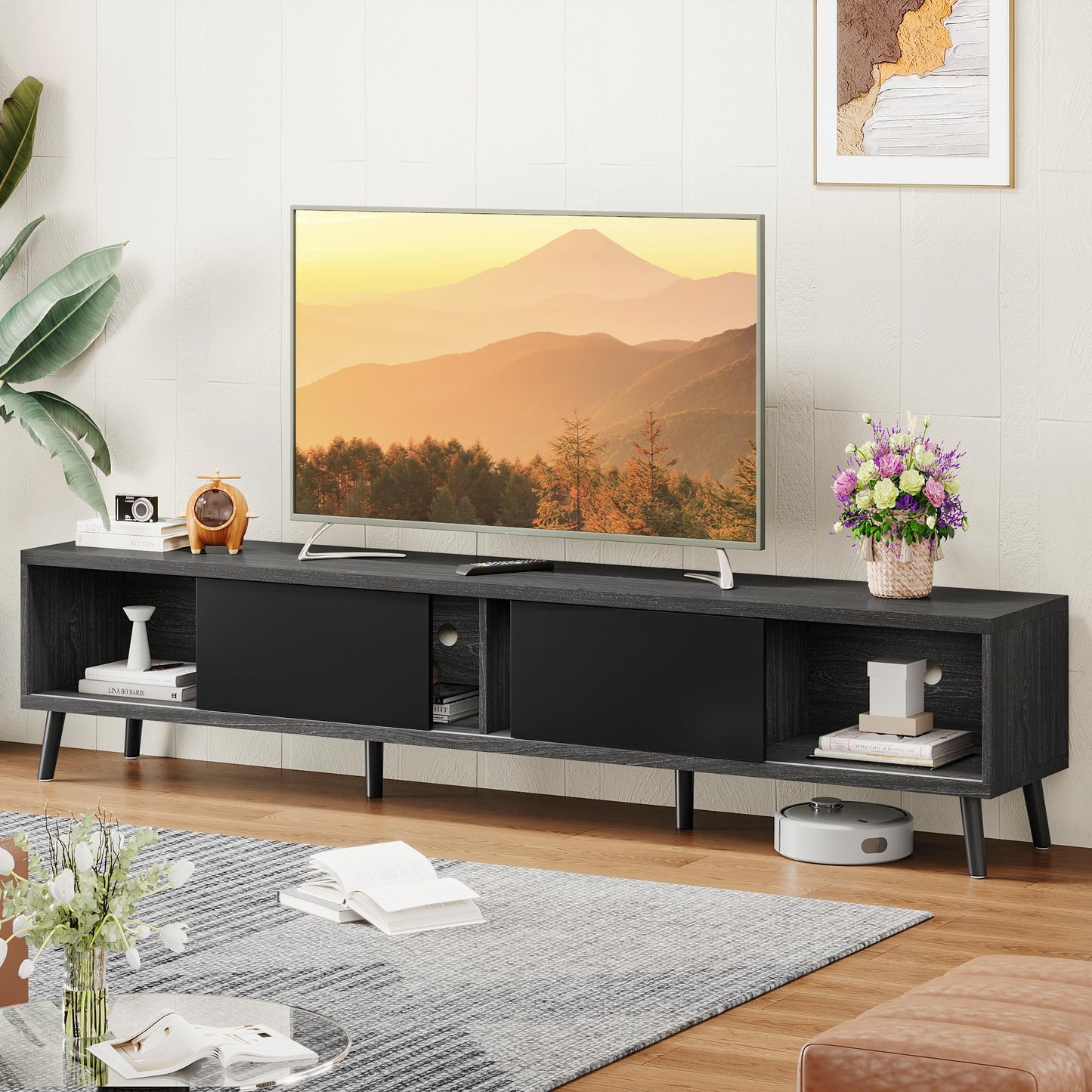 Clikuutory Mid Century Modern 70 Inch TV Stand with Two Large Storage Space for 50 55 60 65 70 75 80 Inch TVs, TV Console with Two Sliding Door, Entertainment Center for Bedroom, Grey