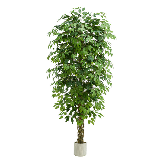 TNGGNT Artificial Ficus Tree：6FT Faux Silk Floor Plant Realistic Tall Fake Ficus Large Potted with Braided Trunk Lush & Green Leaves Pot for Home Office Room Decor Indoor & Outdoor (6FT,1-Pack,White)