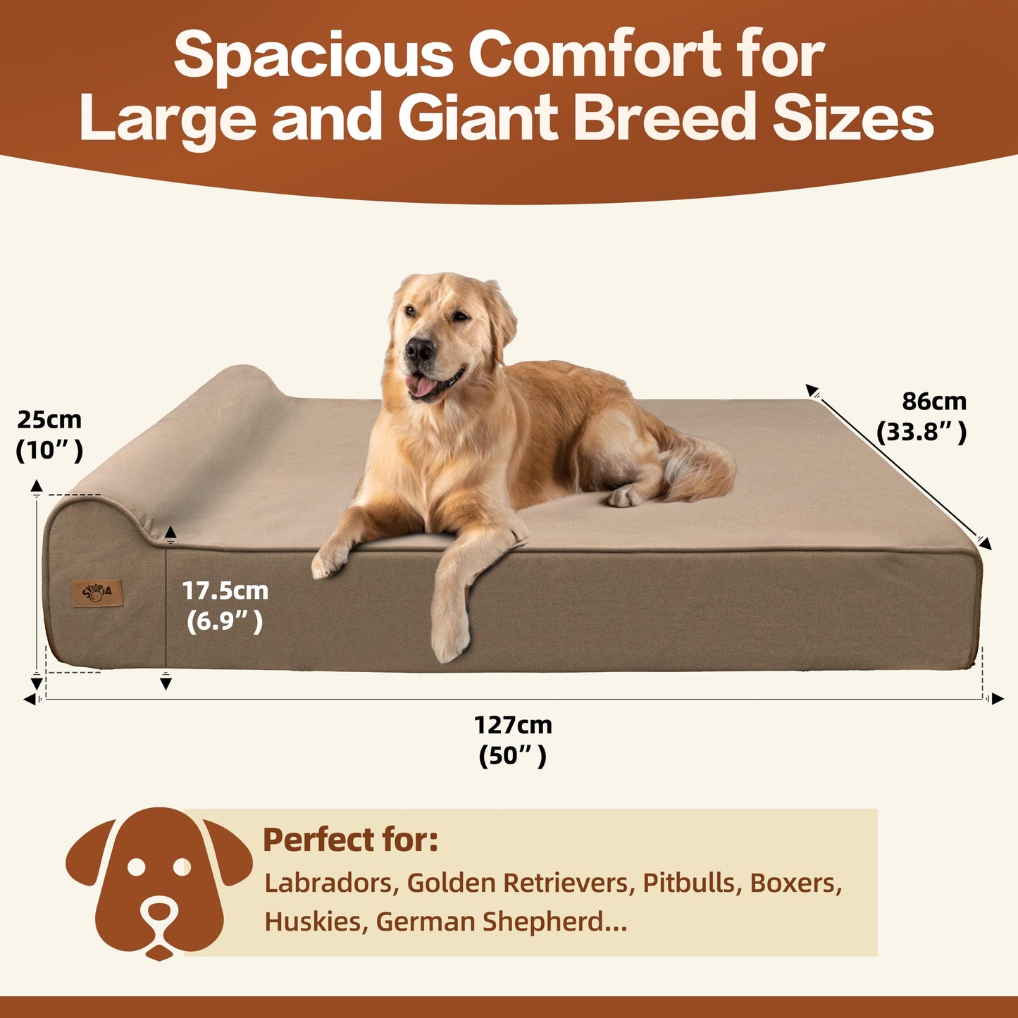 Sytopia XXL 35D Memory Foam Dog Bed for Extra Large Dogs – 7" Thick Orthopedic Pet Couch for Seniors and Big Breeds up to 150 Pounds, with Water-Resistant Liner & Washable Cover – Brown