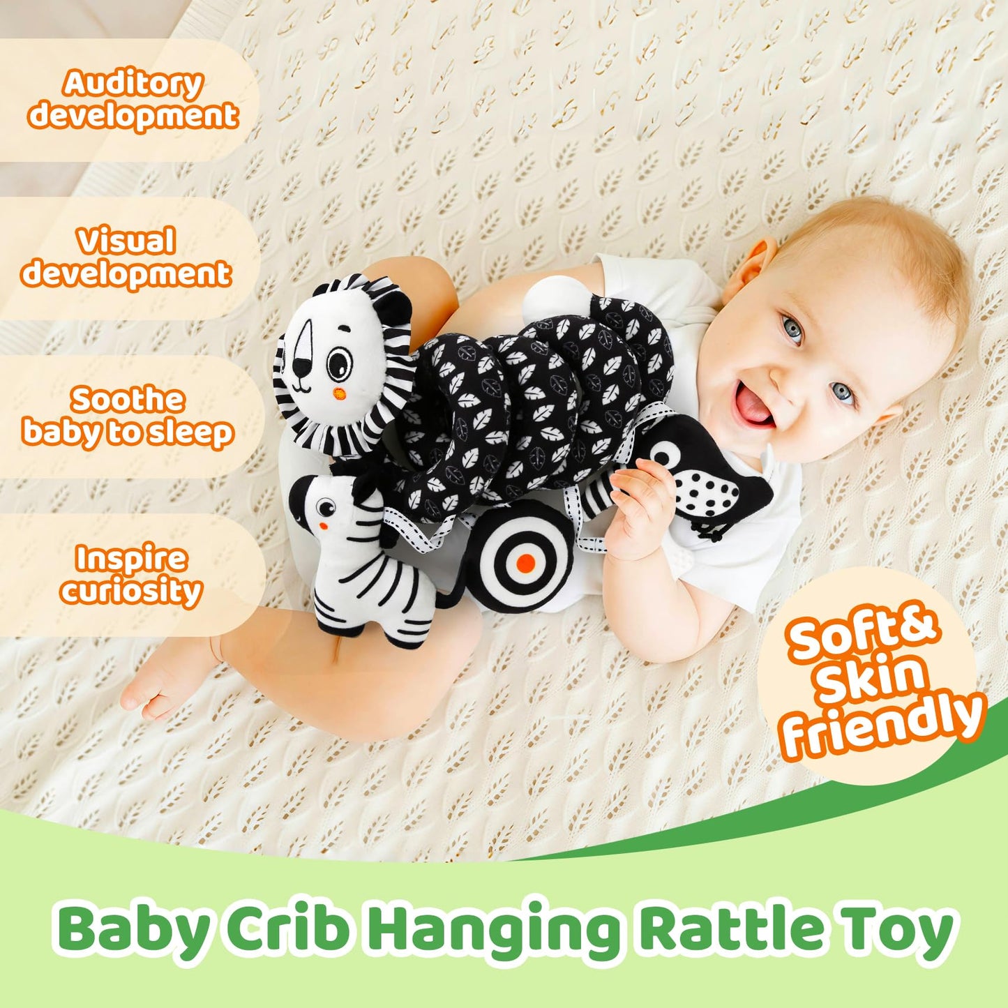 FQKIOMY Black and White High Contrast Baby Toys - Sensory Infant Hanging Carseat & Stroller Toy for Newborns 0-6,6-12Months Perfect Easter Birthday & Baby Shower for Babies Boys Girls