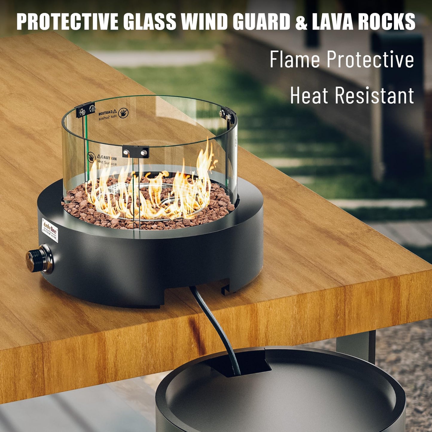 ONLYFIRE OUTDOOR LIVING Detachable Gas Fire Pit with Lava Rocks, Glass Shield & Wheels, Smokeless Propane Firepit with Hose for Patio Backyard Camping RV Tailgating Restaurant Beach, Round, FP034