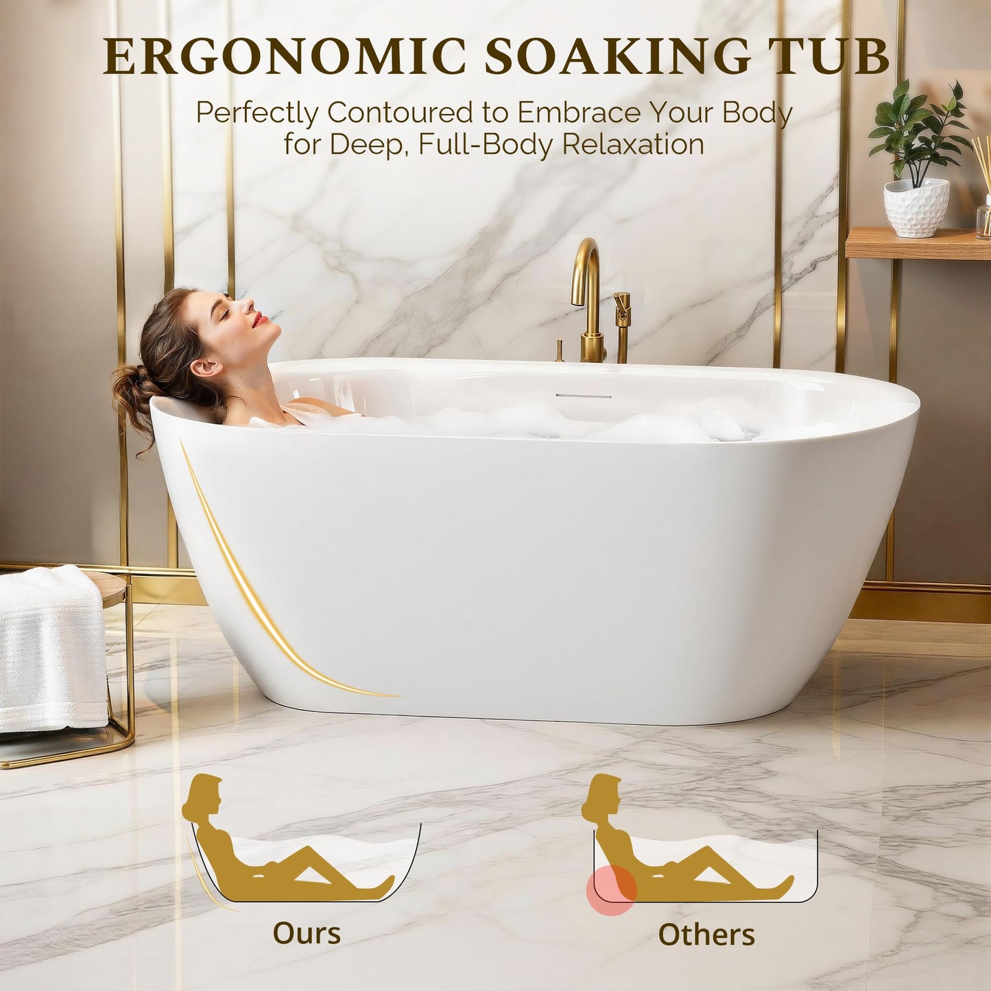 59" Freestanding Bathtub, Modern Oval Acrylic Soaking Tub with Overflow & Pop-up Device Function, cUPC Certified Deep Standalone Tub, Double-Walled Insulation, White
