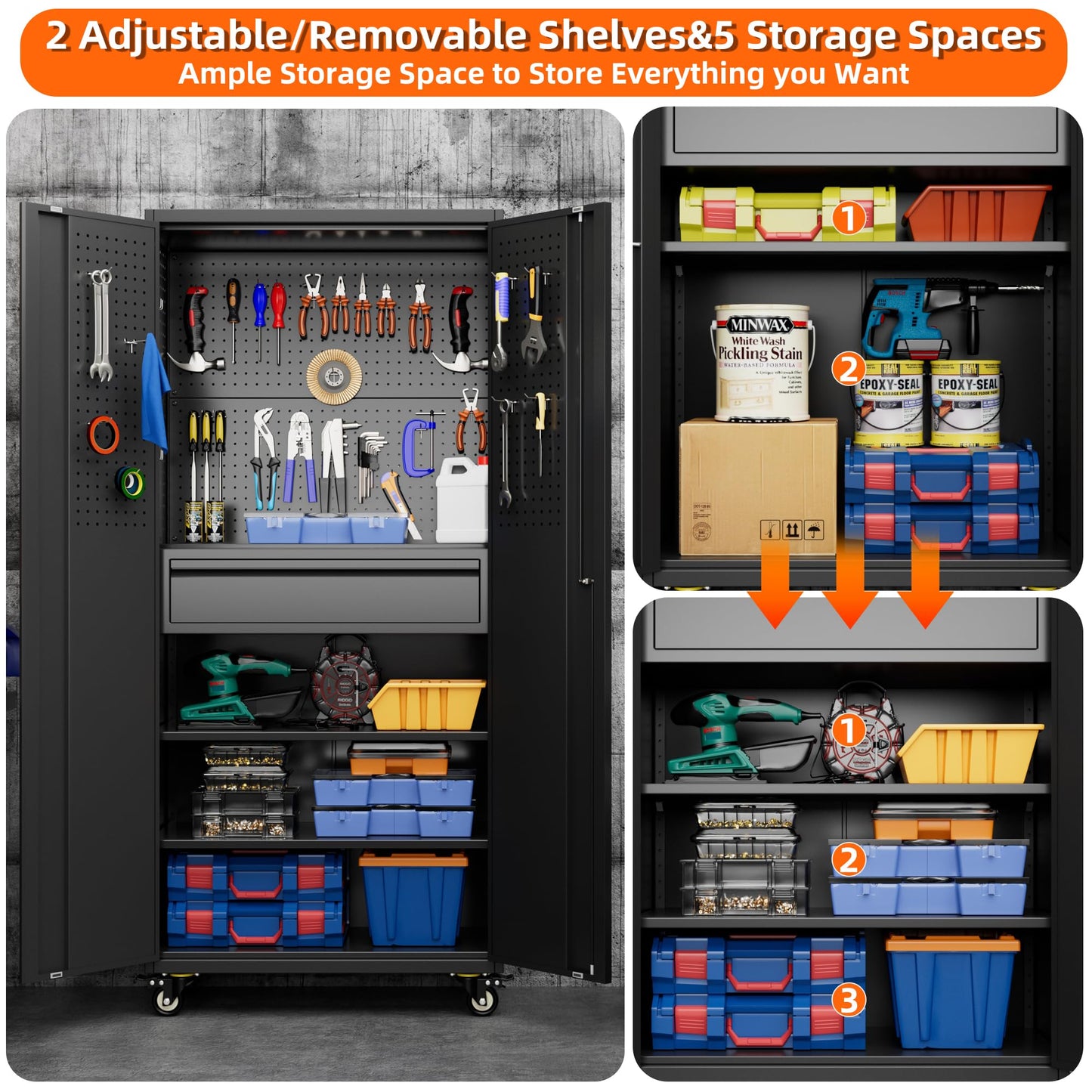 Metal Garage Storage Cabinet with Wheels and Doors,71" H Rolling Tool Cabinet with Pegboard and Drawer for Garage Warehouse Home,Required Assembly,Black
