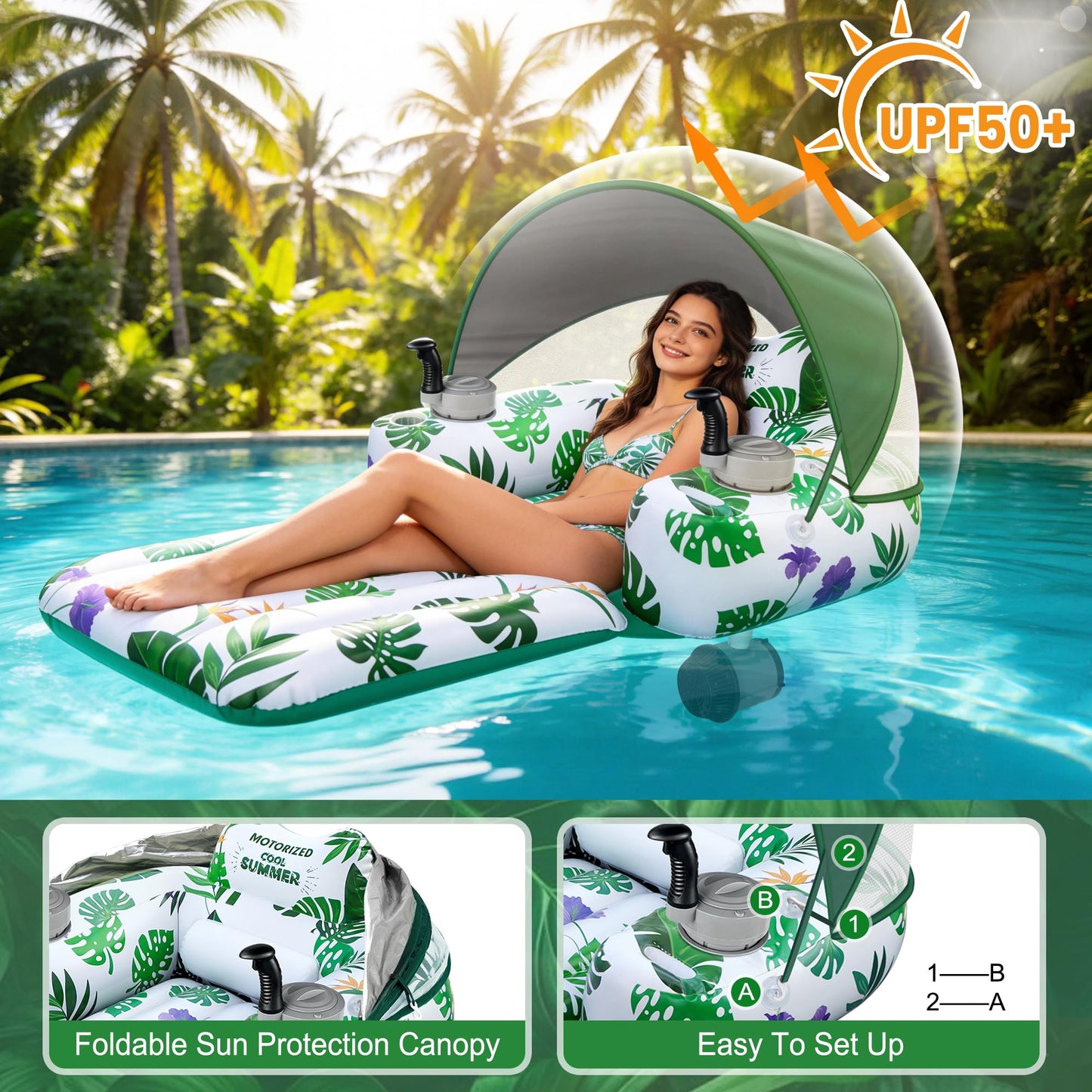 GIGIGO Motorized Pool Float with Canopy, Rechargeable Motorized Lounger for Adults with Dual Motors, Green Lake Floats Adult Size with Cup Holder for Parties, Vacations & Relaxation