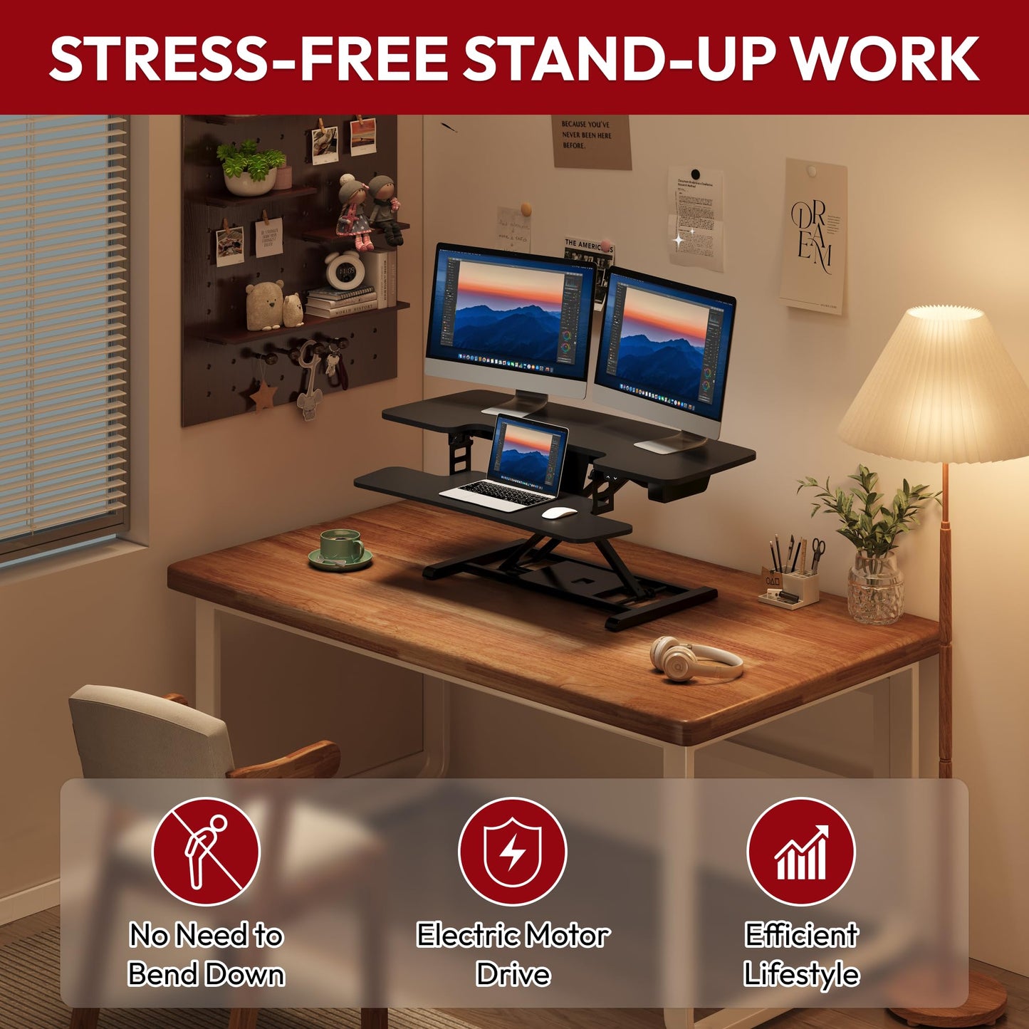 SANODESK 42" Electric Standing Desk Converter, Height Adjustable Riser for Office Home,Dual Monitor and Laptop Workstation with Large Keyboard Tray, Black Color