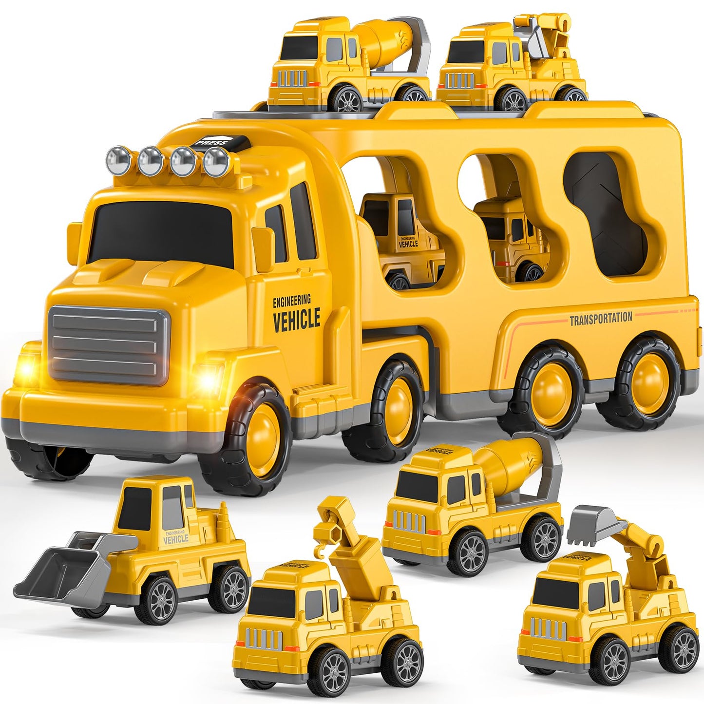 DULONIME Construction Truck Toys Set for Kids Aged 1 2 3 4 5 6 7 8, Truck Playset with Toy Car, Light and Sound, Movable Parts Construction Toys for Toddlers, Birthday Gifts for Boys Girls 2-4 4-7