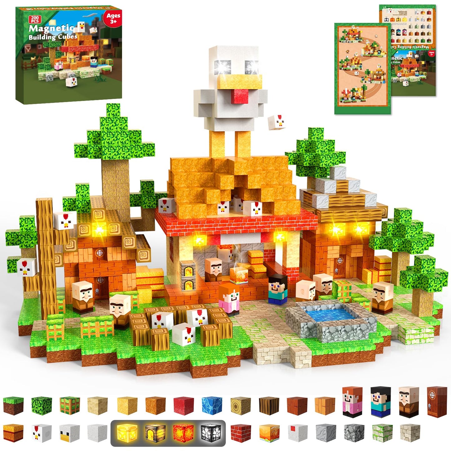 ToyUnited 200PCS Magnetic Blocks with Light-Up Blocks, Magnet Building Blocks, Stacking Magent Cubes, STEM Montessori Educational Sensory Toys for Boys & Girls Ages 3-12 Easter Birthday Gift