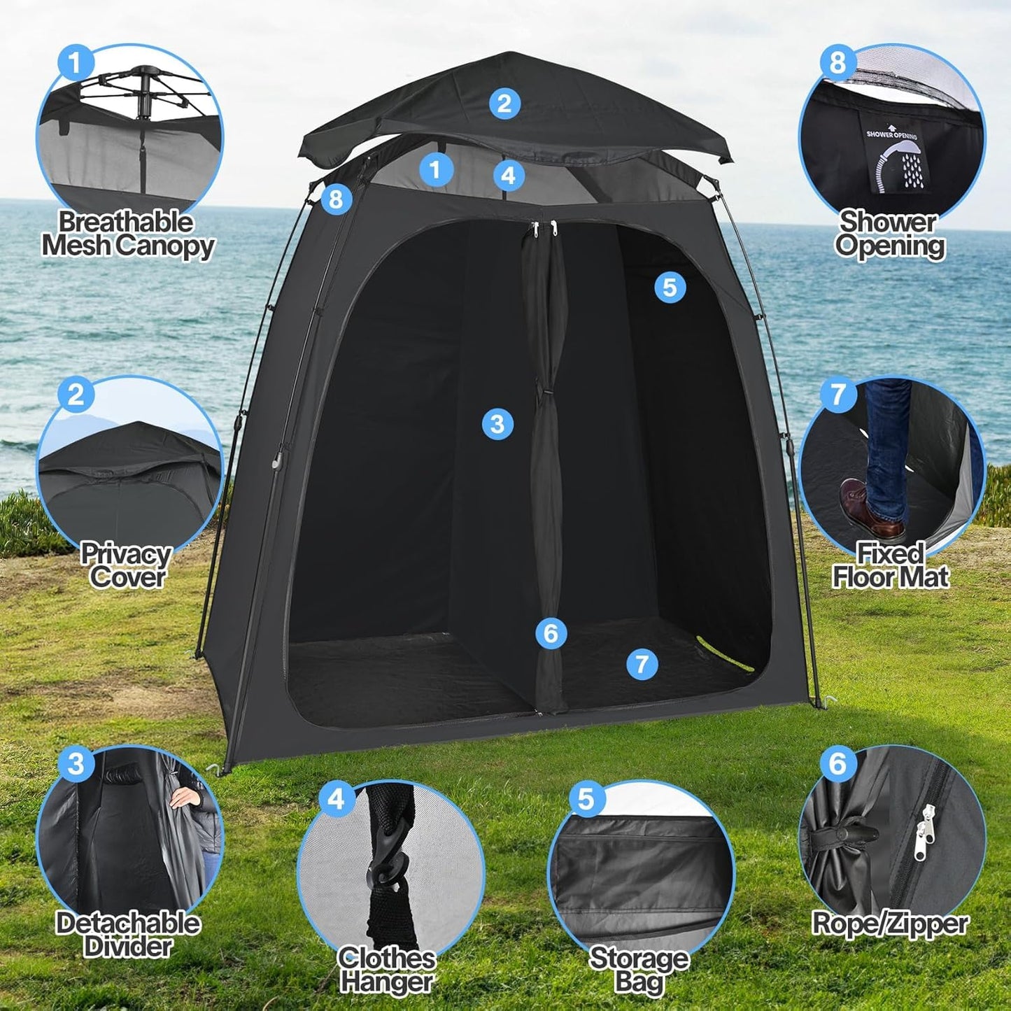 EighteenTek® Upgraded Shower Tents with Hub, Camping Privacy Tent, 2-Room Privacy Shelter with Floor & Dual Doors, Portable Camping Toilet & Changing Tent, 83" x 47" x 77.6"H