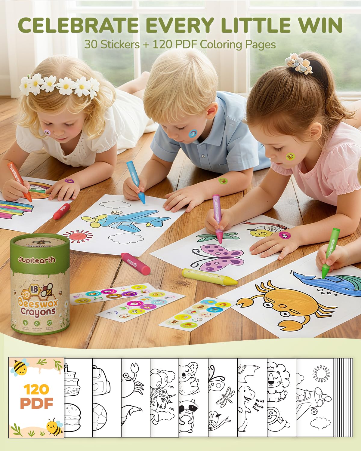 JUPITEARTH Beeswax Crayons for Toddlers 1–3, 18 Non-Toxic Silky Crayons, Jumbo and Washable Crayon, Easy to Hold, Safe for Kids, Mess-Free Coloring for Preschool Art Supplies, Ages 2–4, 4–8