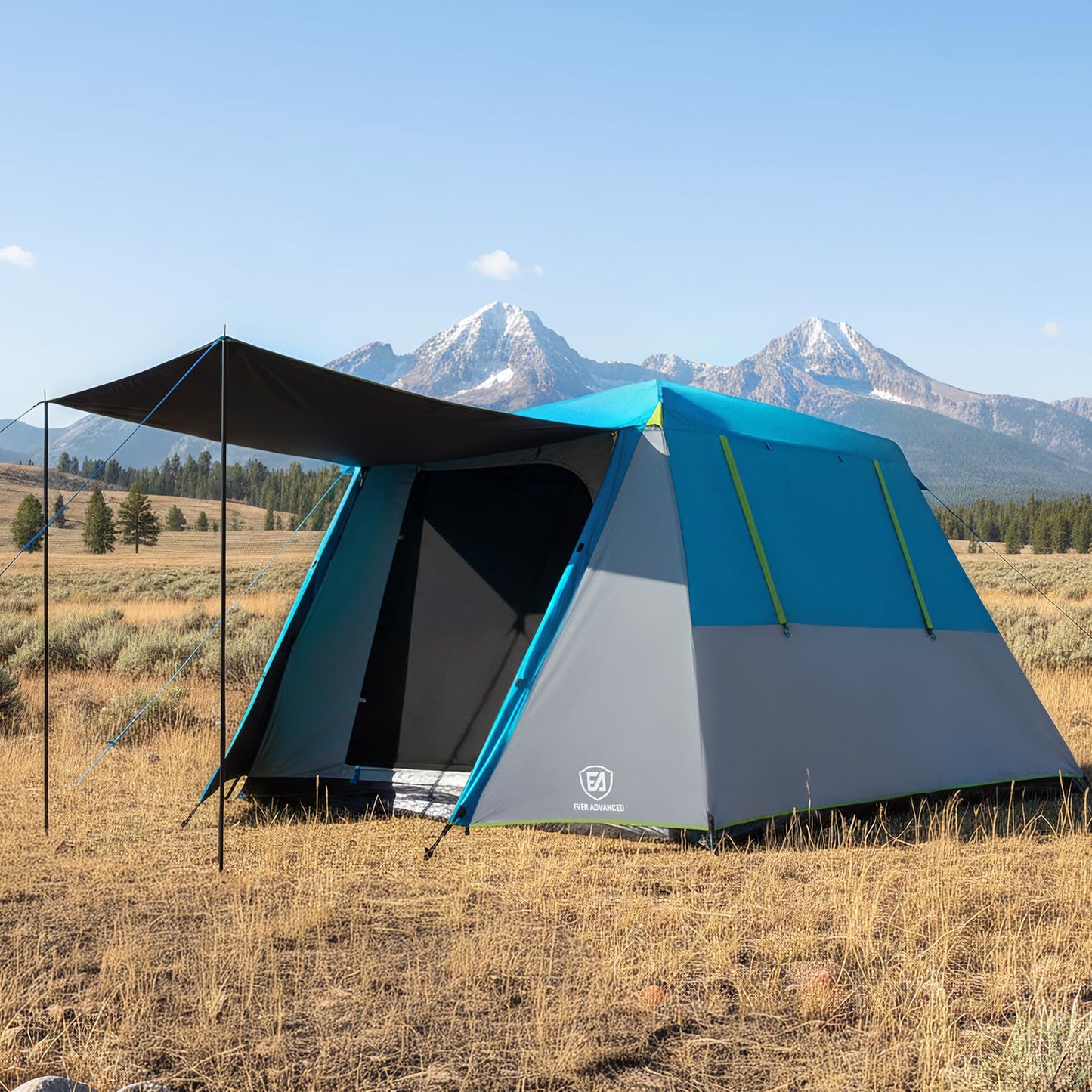 EVER ADVANCED Blackout Design 6 Person Camping Tent, Instant Cabin Tent for Family with Vestibule and Large Mesh Windows, 60s Easy Setup, Double Layer, Water-Resistant Blue