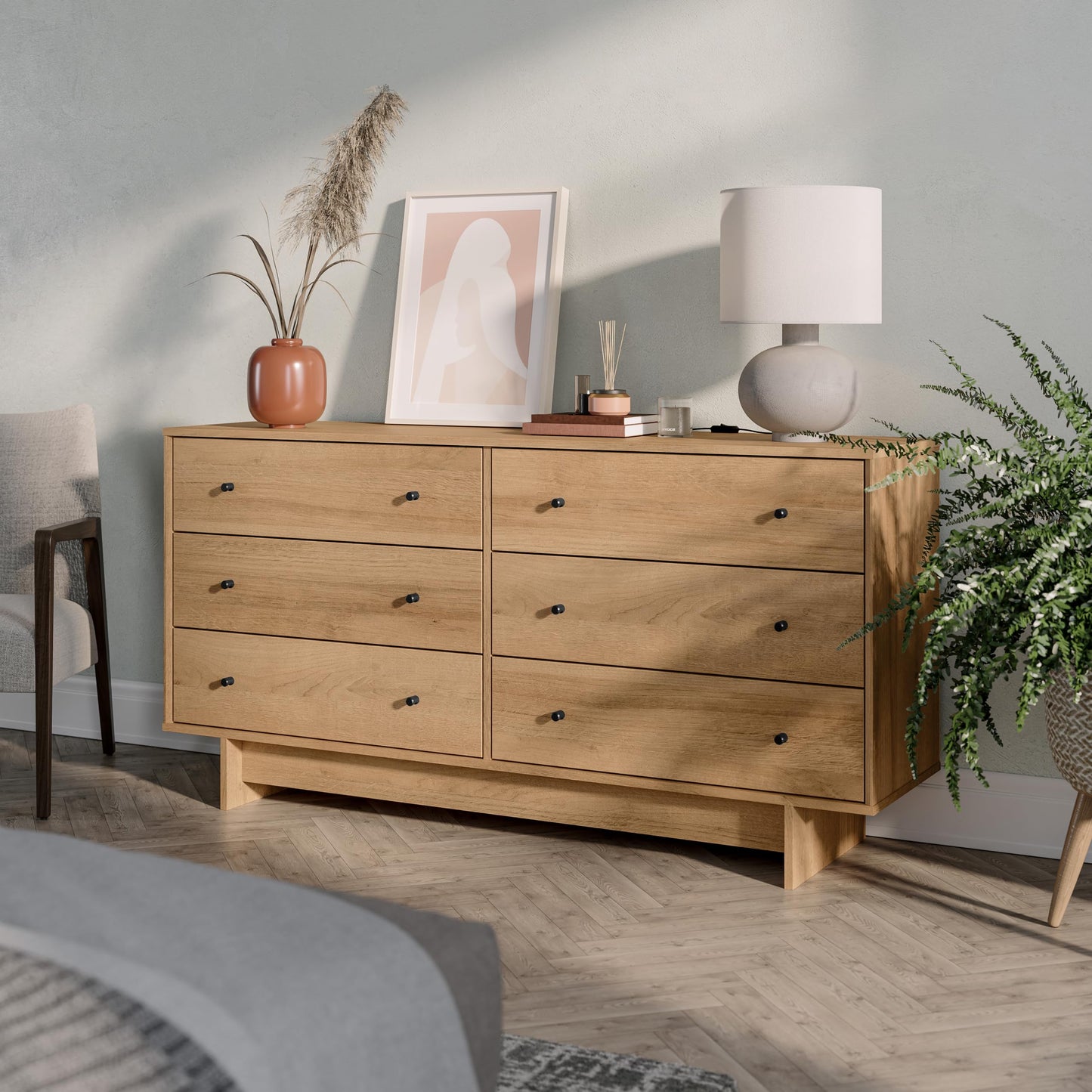 Prepac Finnley 6-Drawer Dresser in Natural Oak, Dresser for Bedroom, Extra-Wide Chest of Drawers with Storage, Modern Clothing Organizer for Home, Bedroom, Living Room, 16" D x 61" W x 31" H