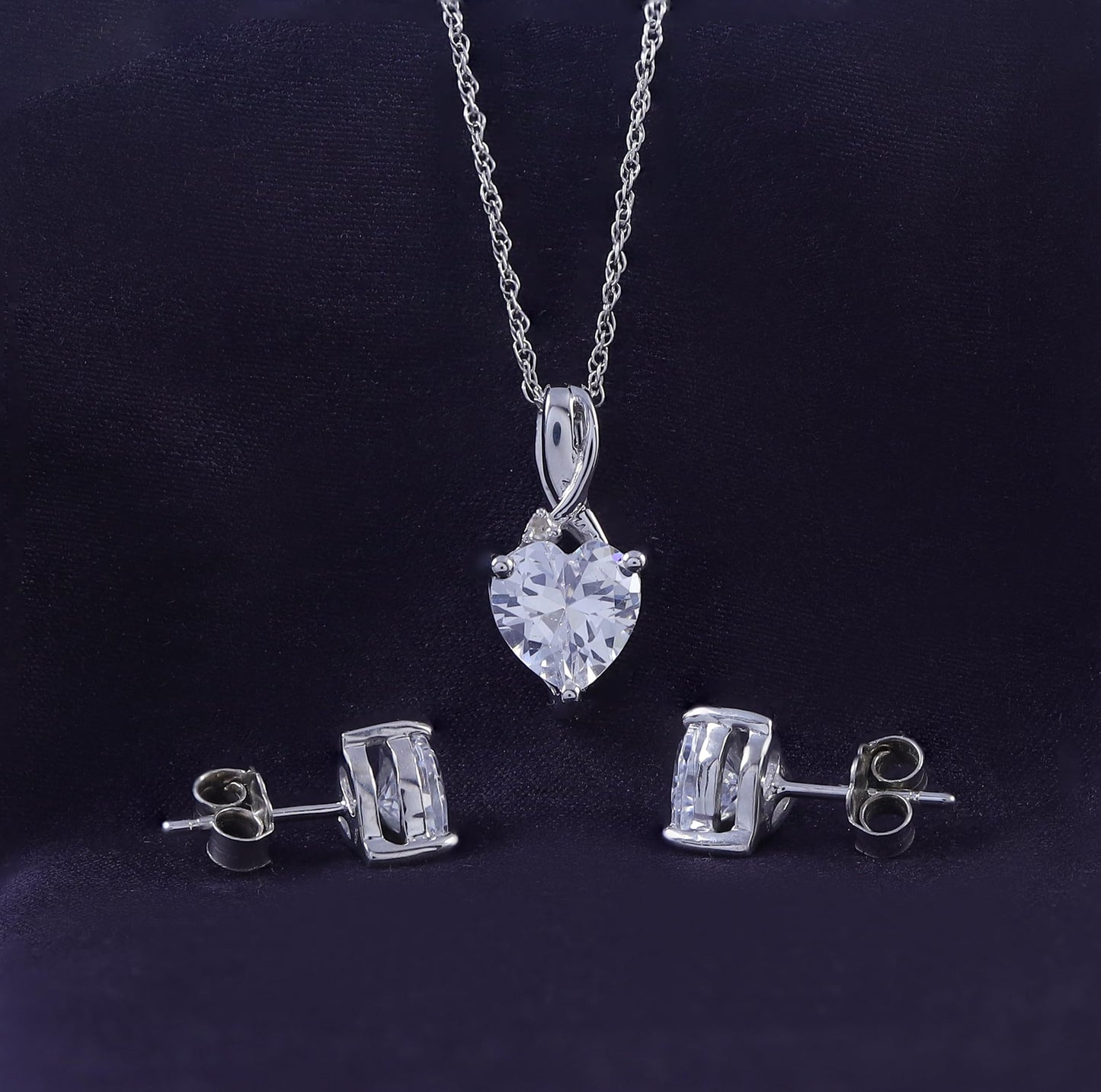 Heart-Shaped Simulated White Sapphire & Round Diamond Accent Pendant Necklace & Earrings Set for Women in 14K Gold Plated 925 Sterling Silver, 18" Rope Chain & Push Backs, Elegant Jewelry Gift