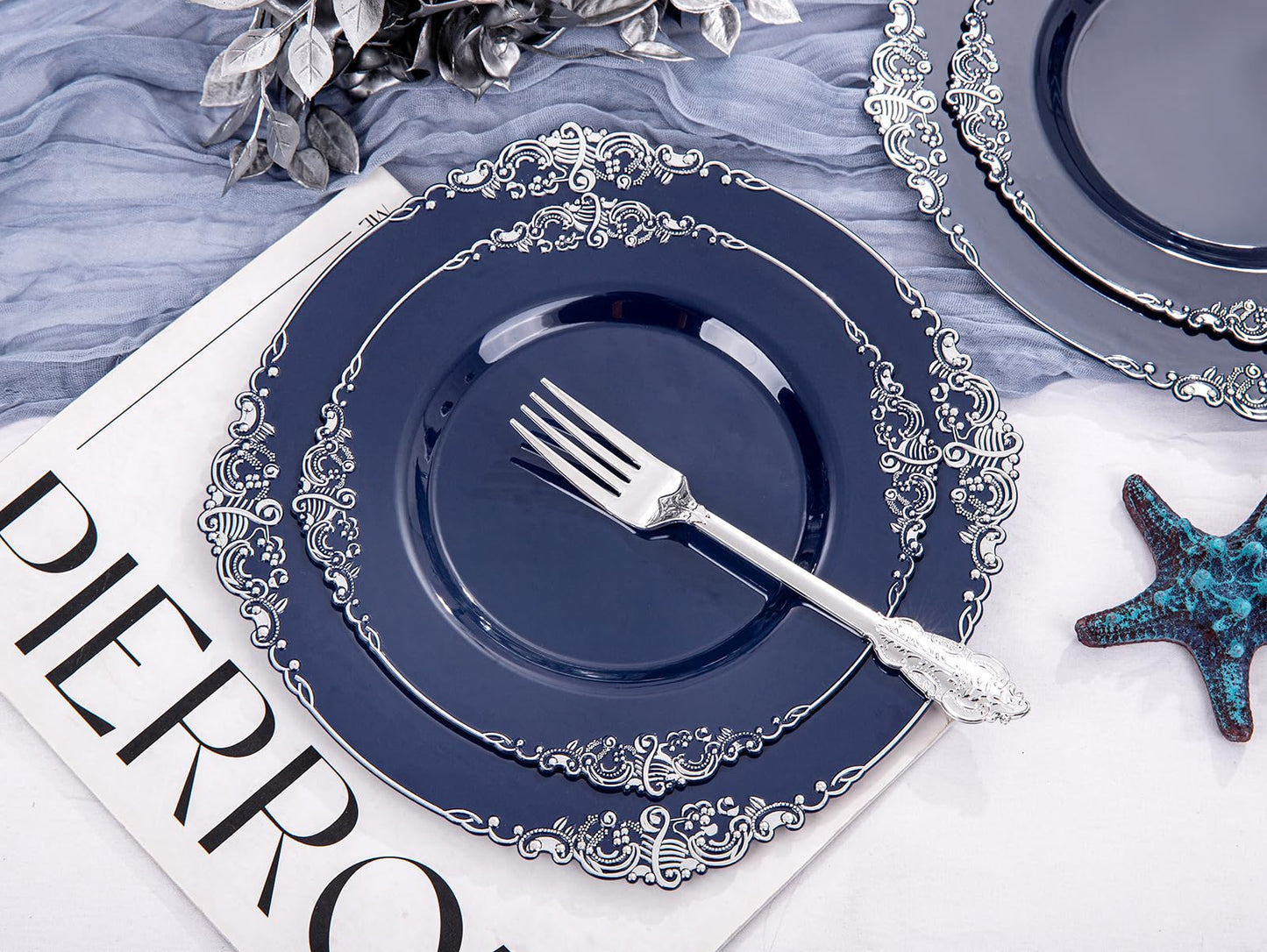 Hioasis 175pcs Blue and Silver Plastic Plates - Elegant Disposable Dinnerware Set Suitable for 25 Guests Include 10.25 Dinner & 7.5 Dessert Plates, Pre Rolled Silverware Set, Cups for Party & Wedding